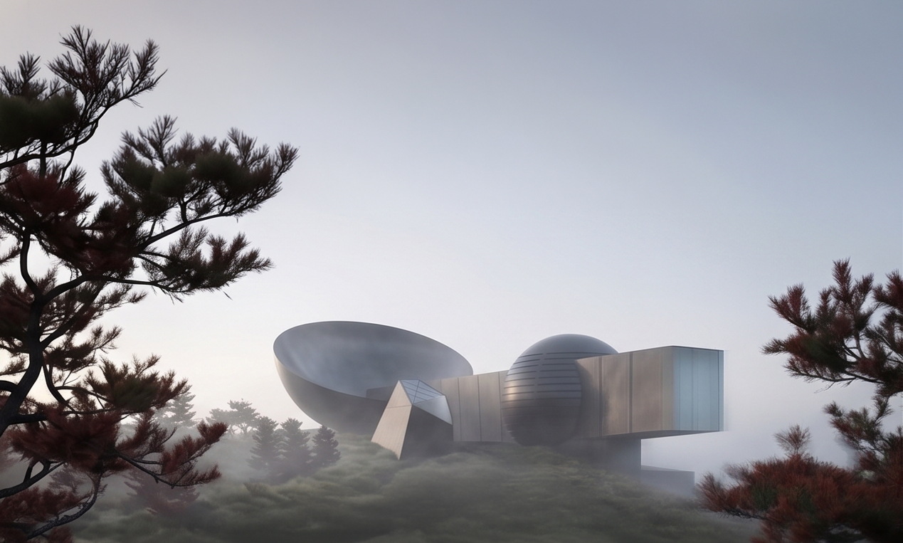 The Pohang City Museum on the Homi Peninsula ridge, the sun bowl at left and the moon sphere at right, framed by dark pine branches on both sides above a mist-filled valley