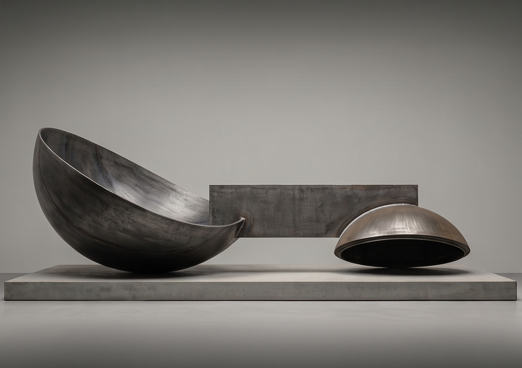 Concept model in blackened steel on a concrete base, side elevation showing the sun bowl at left, the gallery bridge, and the inverted moon sphere at right