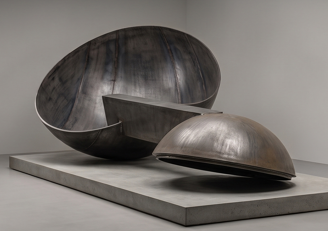Concept model in burnished steel on a concrete base, three-quarter view showing the sun bowl, bridge beam, and moon sphere