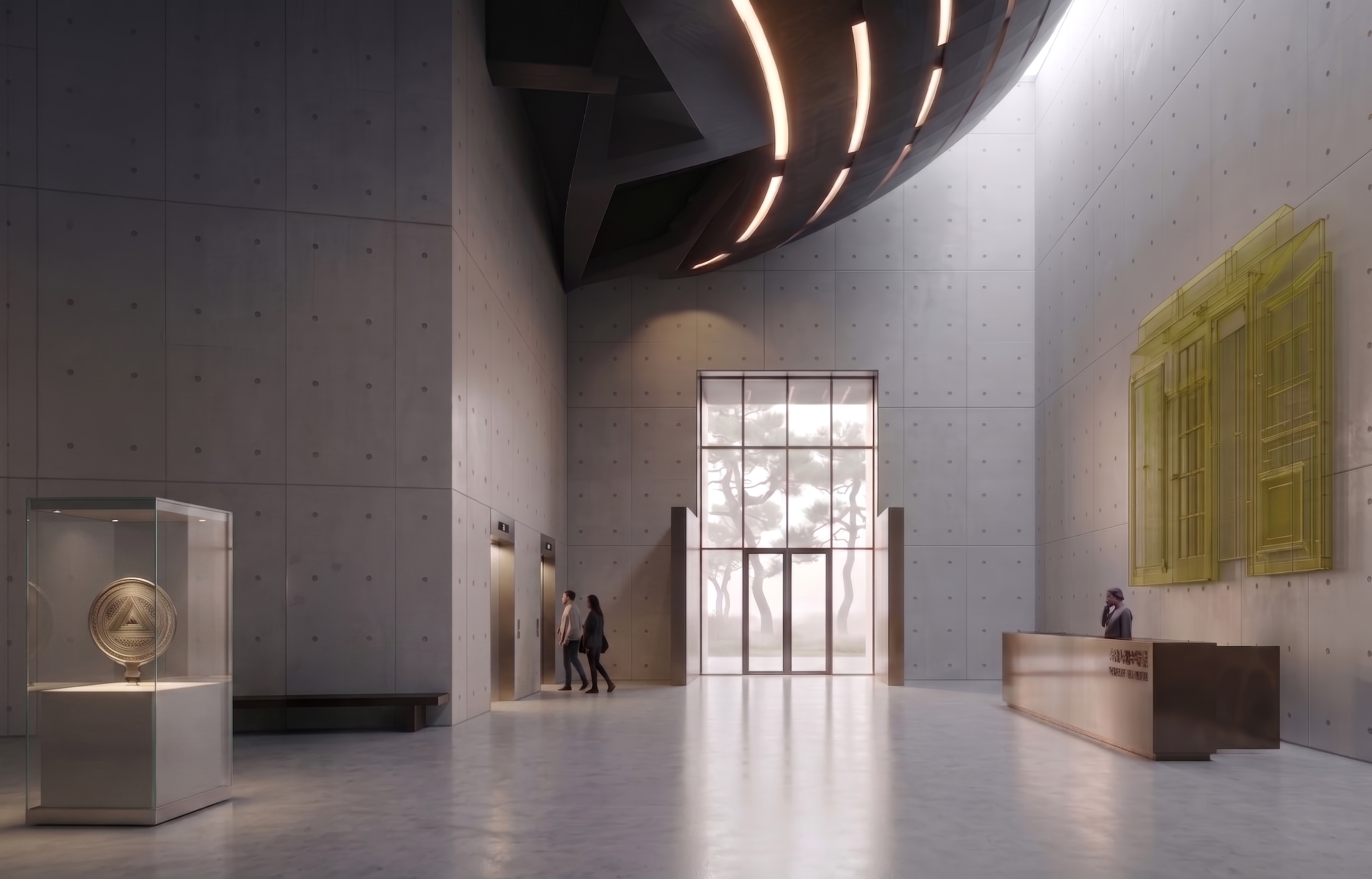 Reception atrium beneath the underside of the moon dome, with a display vitrine and a large yellow etched-glass artwork on the concrete wall