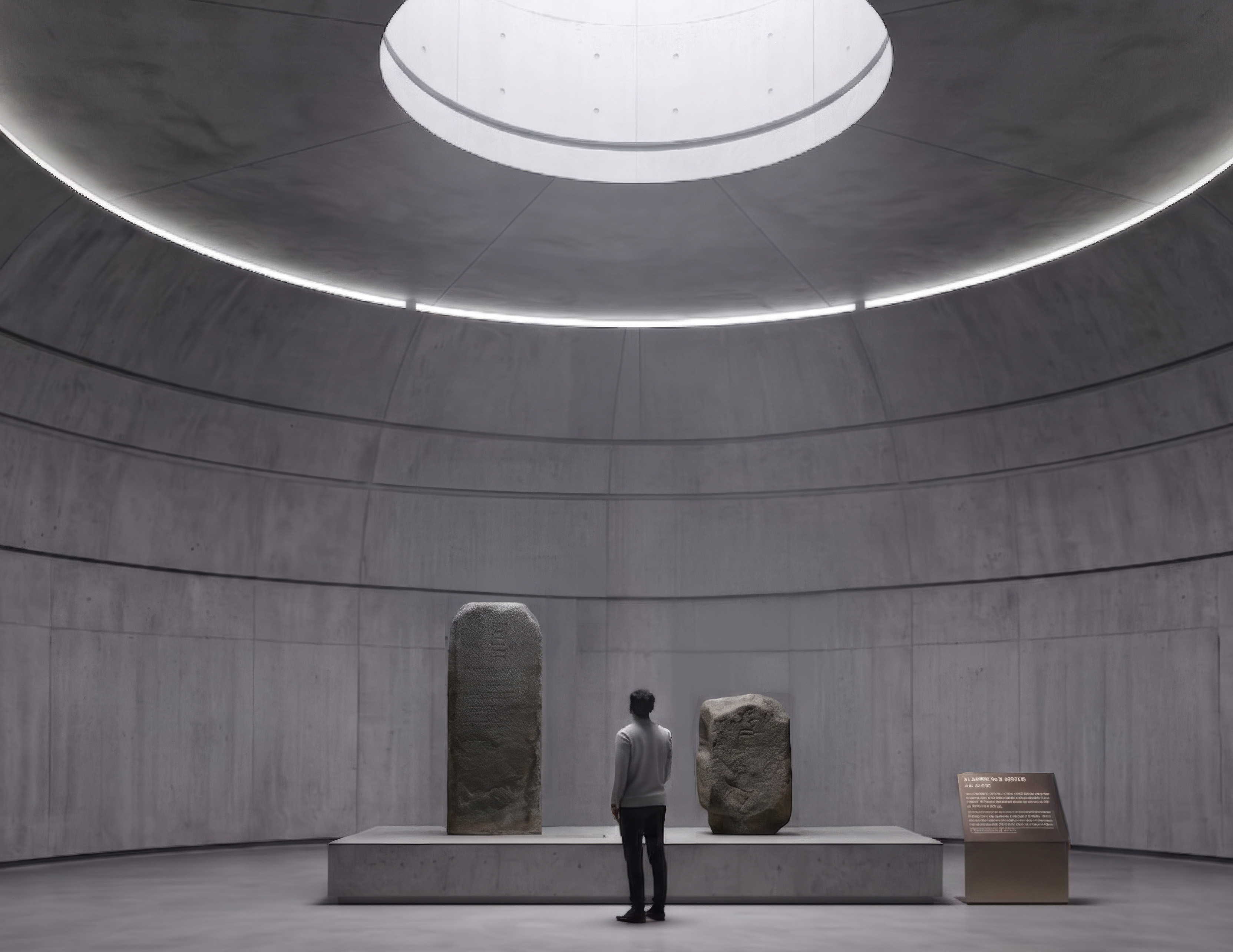 The Silla stelae chamber, a round concrete room lit by a ring skylight, with two inscribed ancient stones on a stone plinth