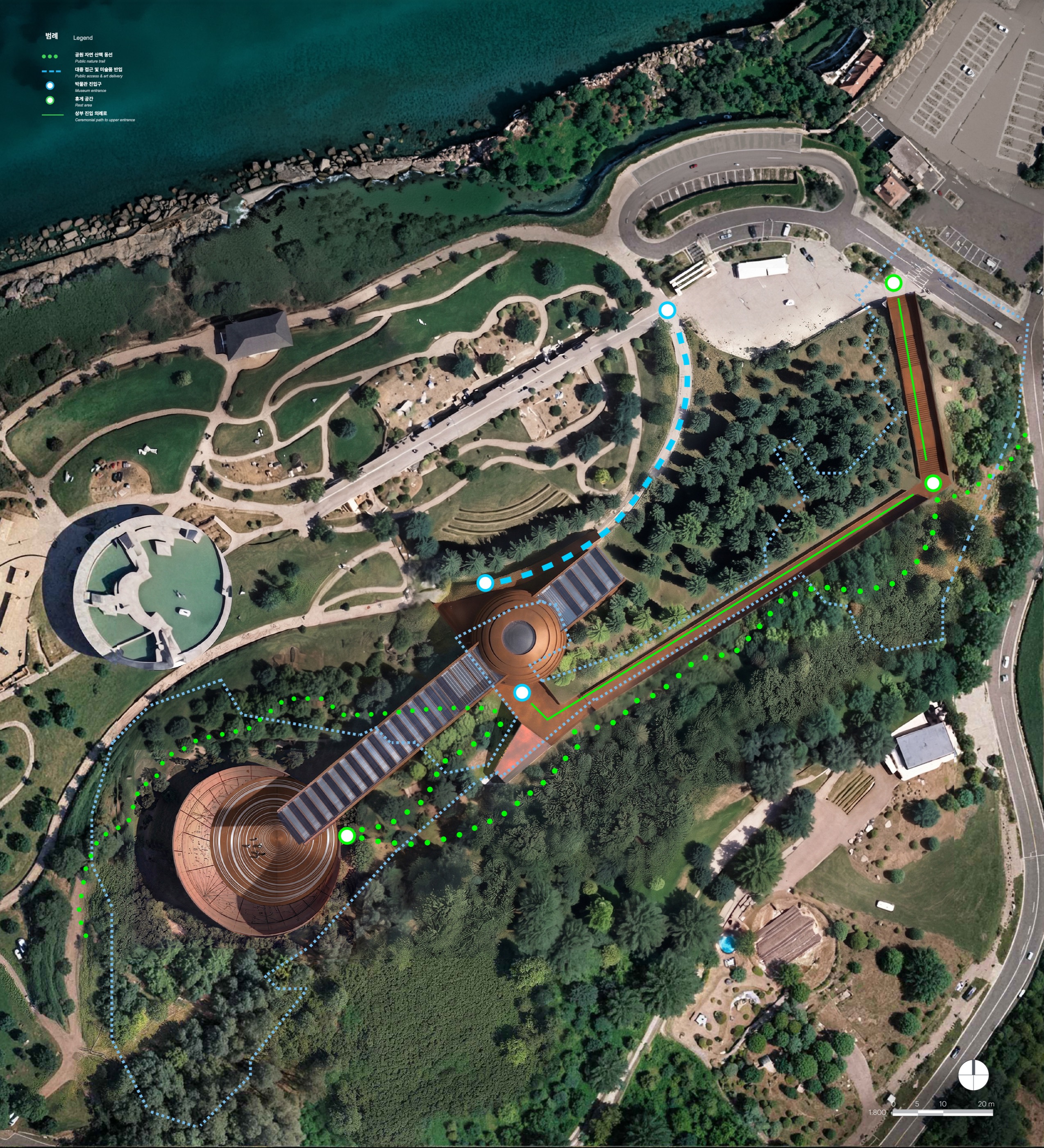Aerial site plan showing the museum straddling the ridge above Yeongil Bay, with circulation paths marked in green and blue
