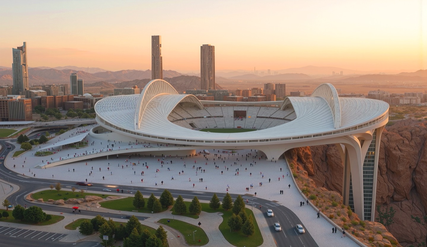 Aerial view of the arena with a large elevated public plaza filled with visitors, arched canopy structures, and landscaped grounds at sunset