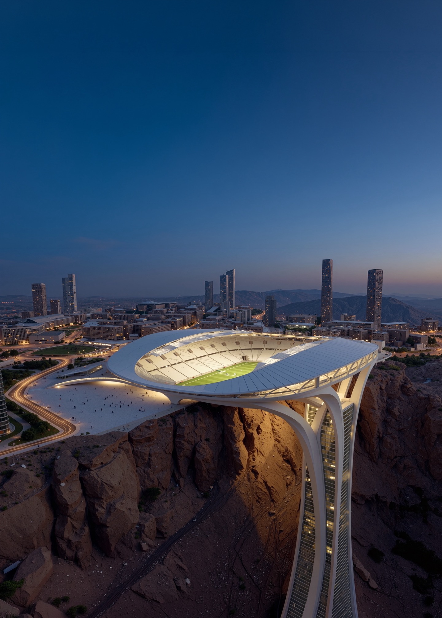 Dramatic twilight aerial view of the illuminated arena perched on the cliff with the Riyadh skyline glowing in the background