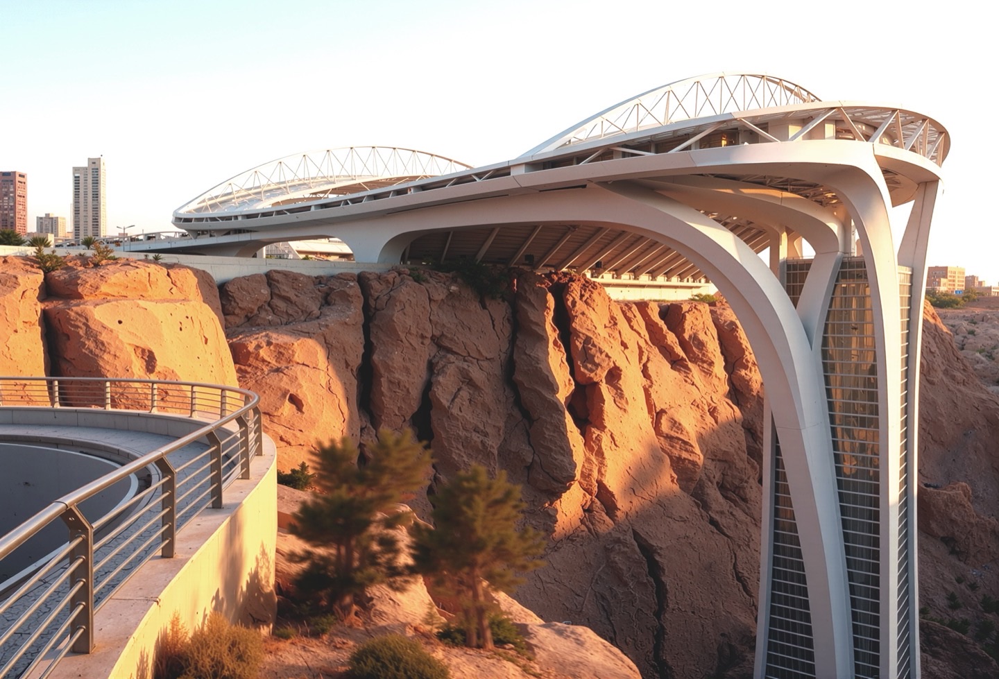 Close-up view of the arena's sculptural white concrete structural supports emerging from the sandstone cliff face with the truss roof visible above
