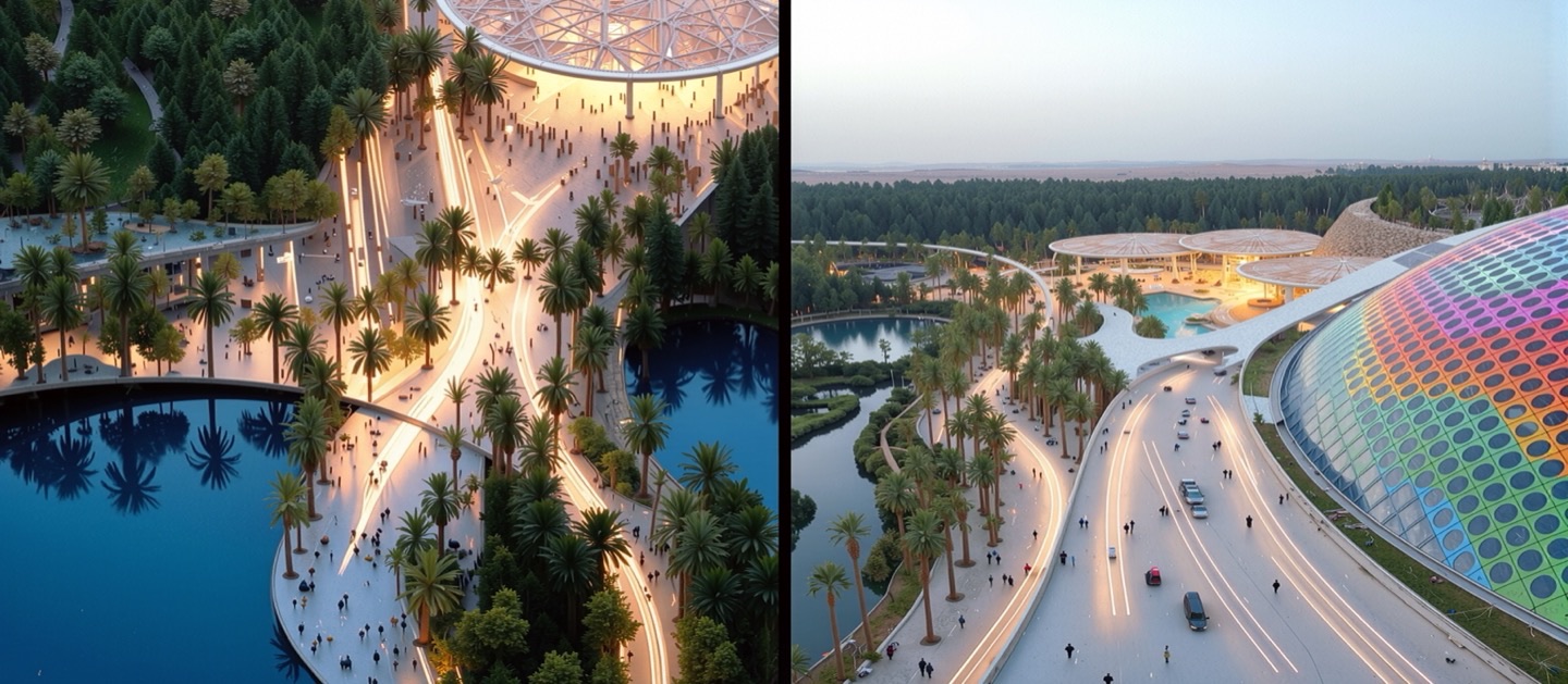 Dual aerial views at twilight showing the approach to the complex with palm-lined pathways around a reflecting pool on the left and the rainbow dome alongside a winding road on the right