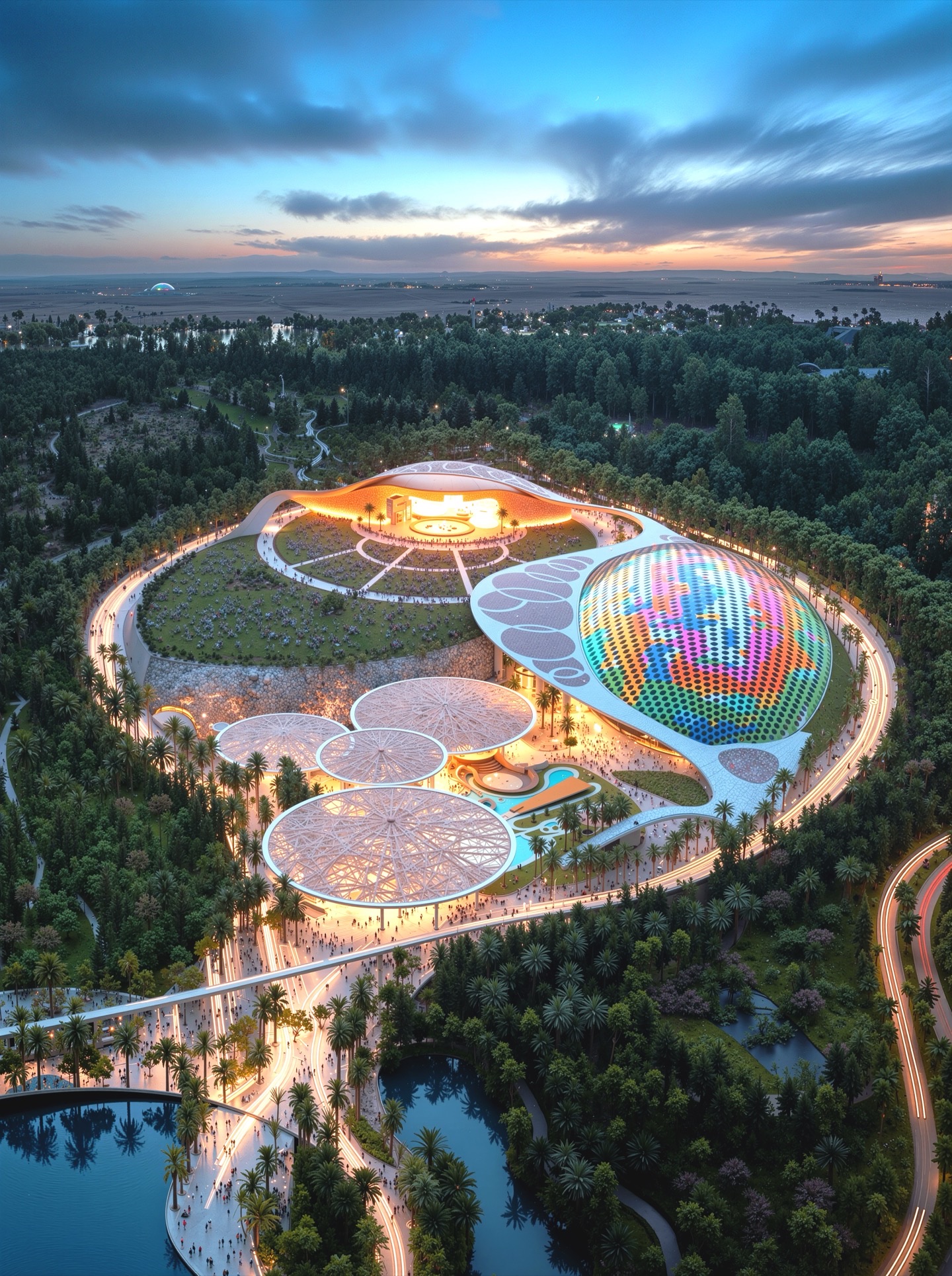 Aerial twilight view of the entire Riyadh sports complex nestled in lush greenery showing circular garden terraces, canopy structures, and the rainbow-patterned dome glowing at dusk