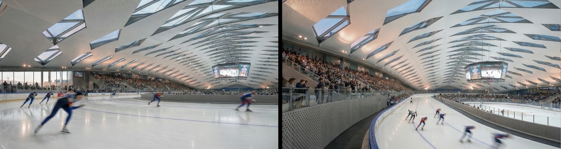 Panoramic interior view of the speed skating oval with athletes in motion beneath a sweeping vaulted ceiling of angular geometric panels and triangular skylights