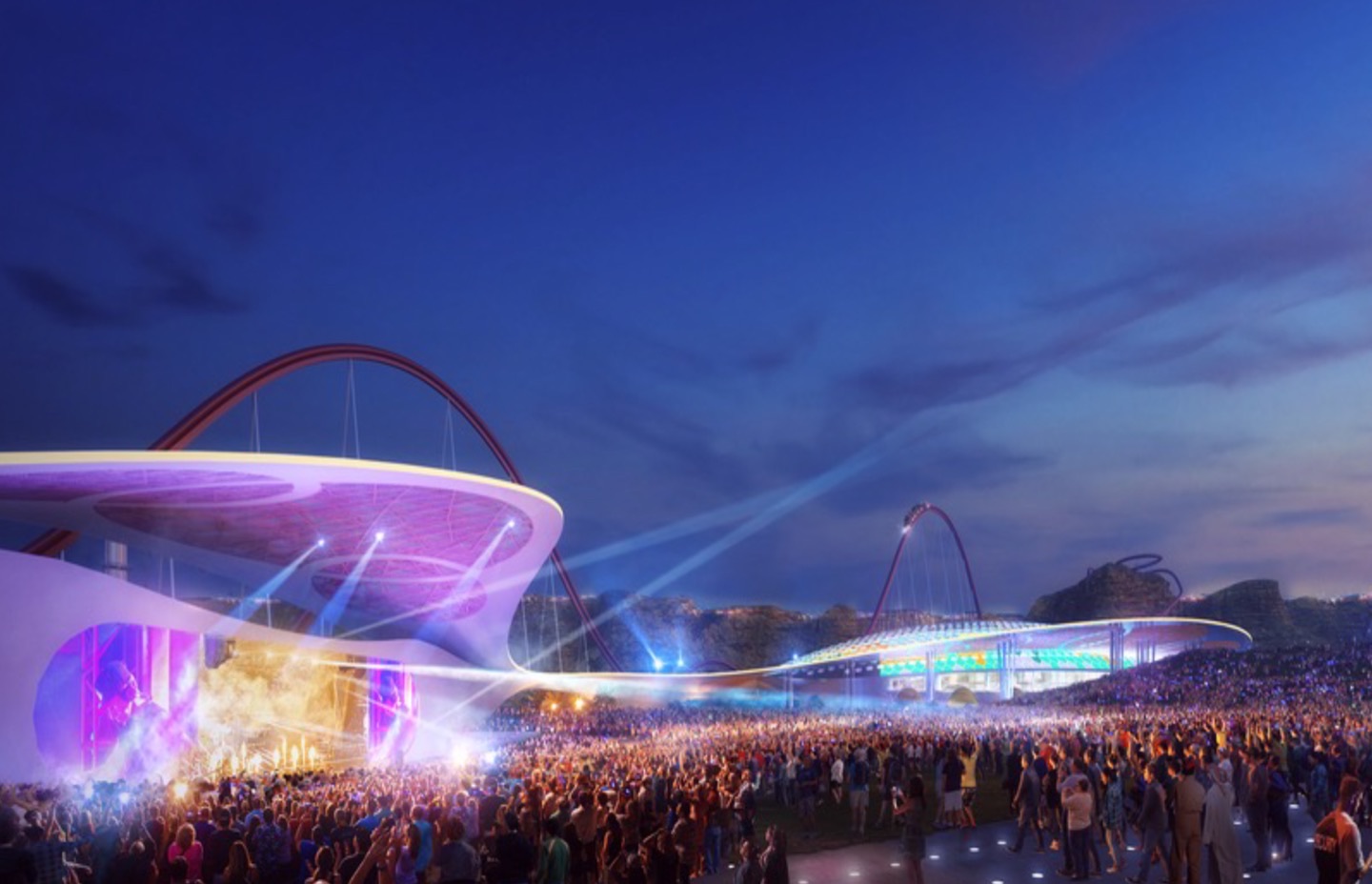 Nighttime rendering of an outdoor concert with thousands of attendees as stage lights illuminate the performance venue with the stadium and a roller coaster silhouetted against the deep blue sky
