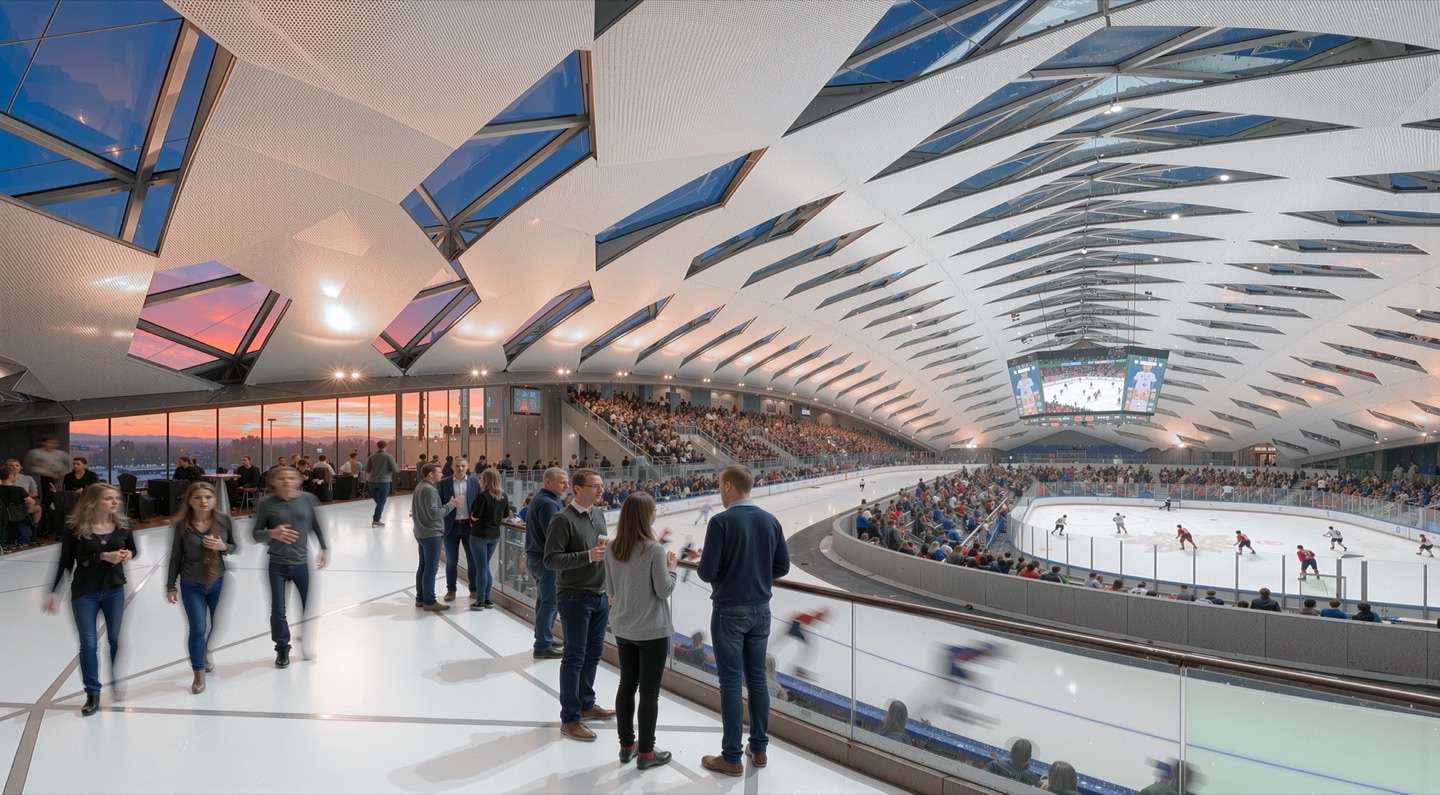 Interior concourse at dusk with visitors overlooking a speed skating oval through glass railings as diamond-shaped skylights frame views of the sunset sky