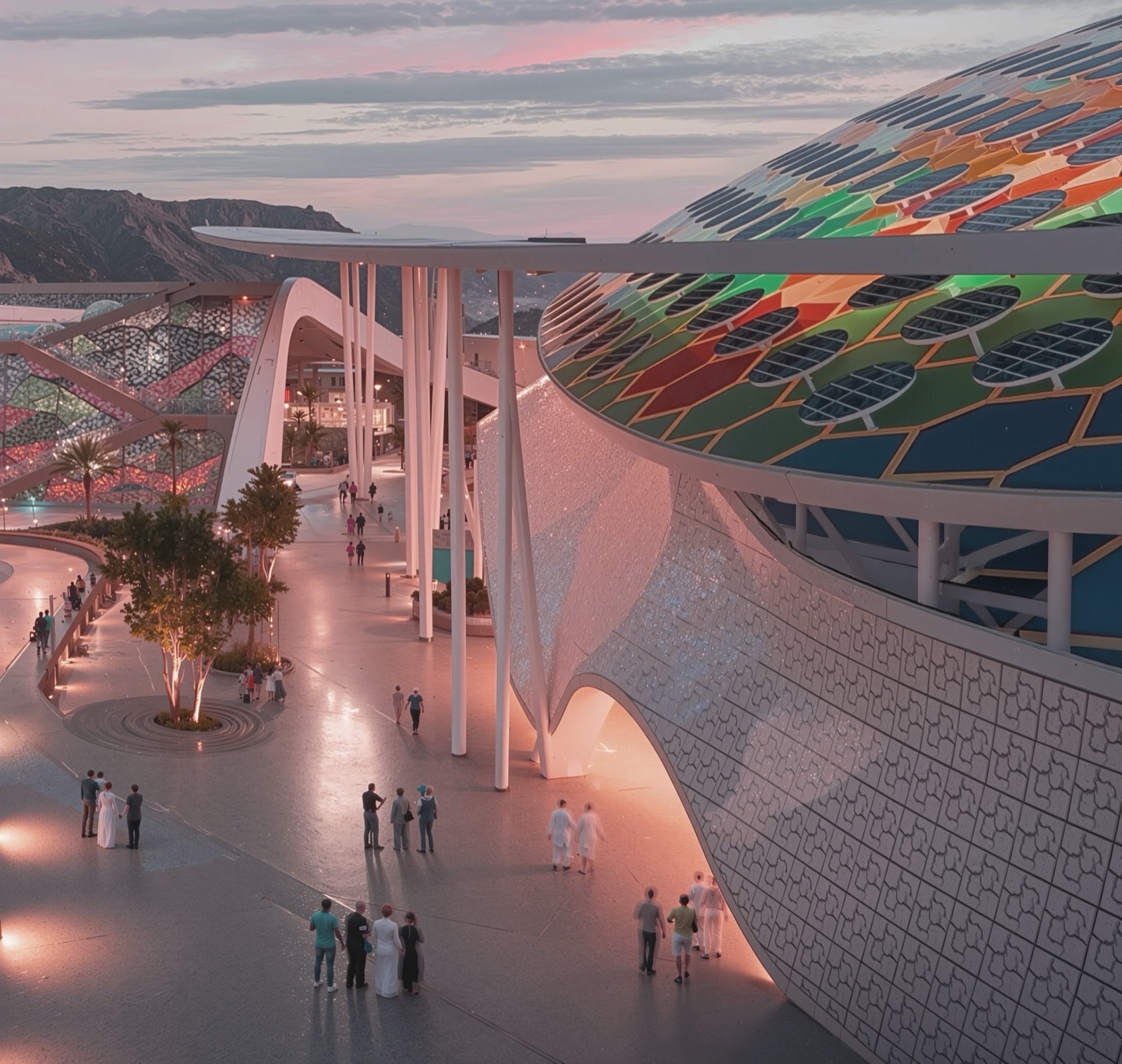 Twilight exterior view of the Riyadh Ice Hockey and Skating Venue complex showing the illuminated plaza promenade with visitors strolling alongside the colorful mosaic-patterned dome facade and slender canopy columns