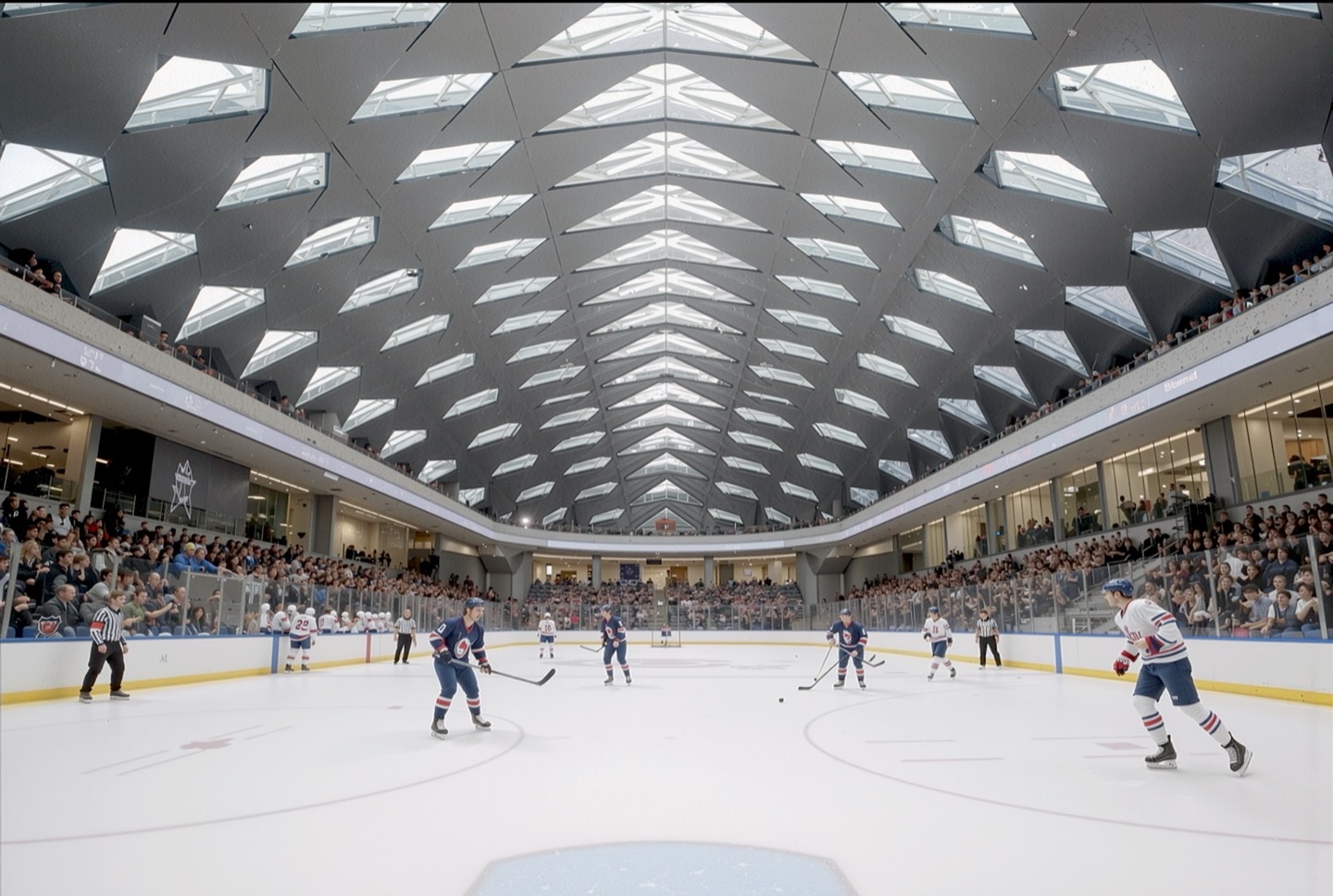 Wide-angle interior view of the hockey arena during a match with spectators filling tiered seating beneath a dramatic chevron-patterned ceiling with triangular glass panels