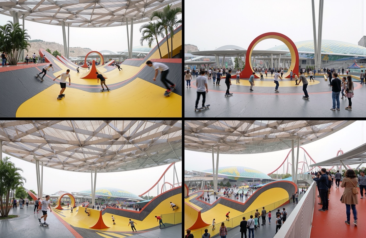 Four views of the outdoor activity zone showing skateboarders on colorful yellow and black terrain with red sculptural rings beneath a lightweight tensile canopy with desert mountains beyond
