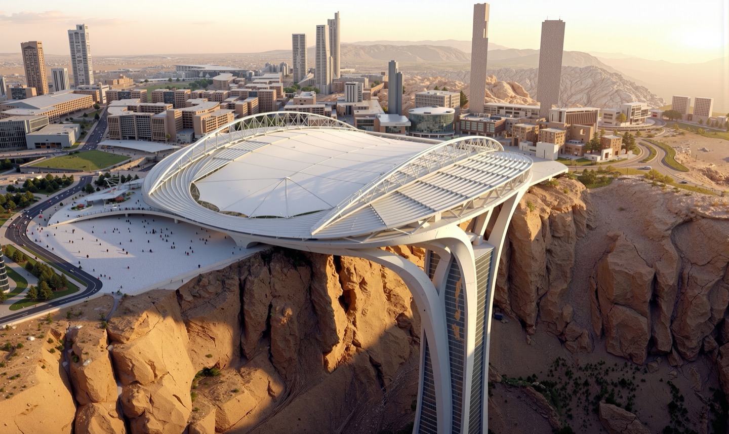 Aerial perspective of the arena at golden hour showing the flowing roof canopy and structural supports anchored into the sandstone cliff