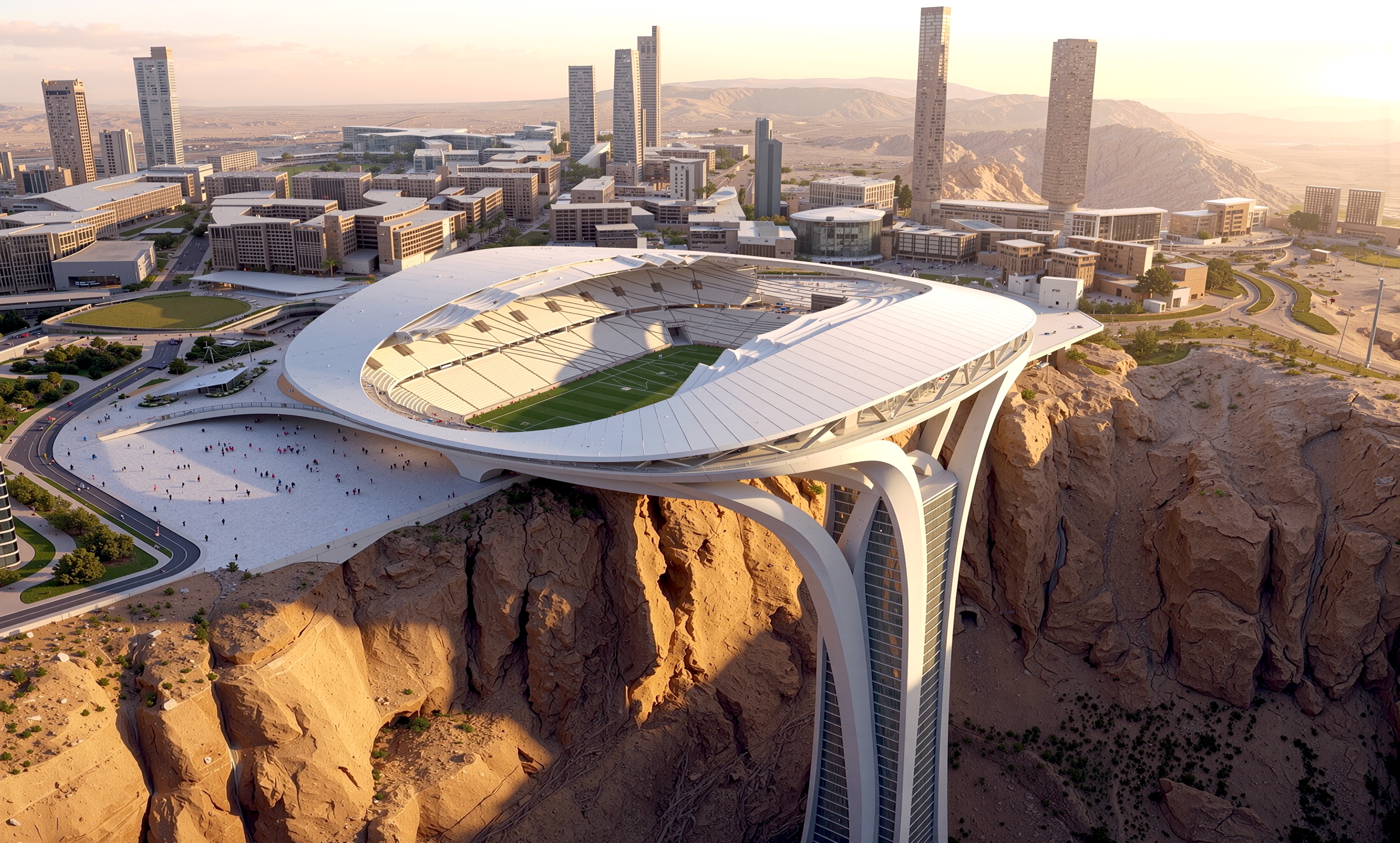 Aerial view of the Qiddiya World Cup Stadium cantilevered over a dramatic sandstone cliff edge at golden hour with the Qiddiya city skyline beyond