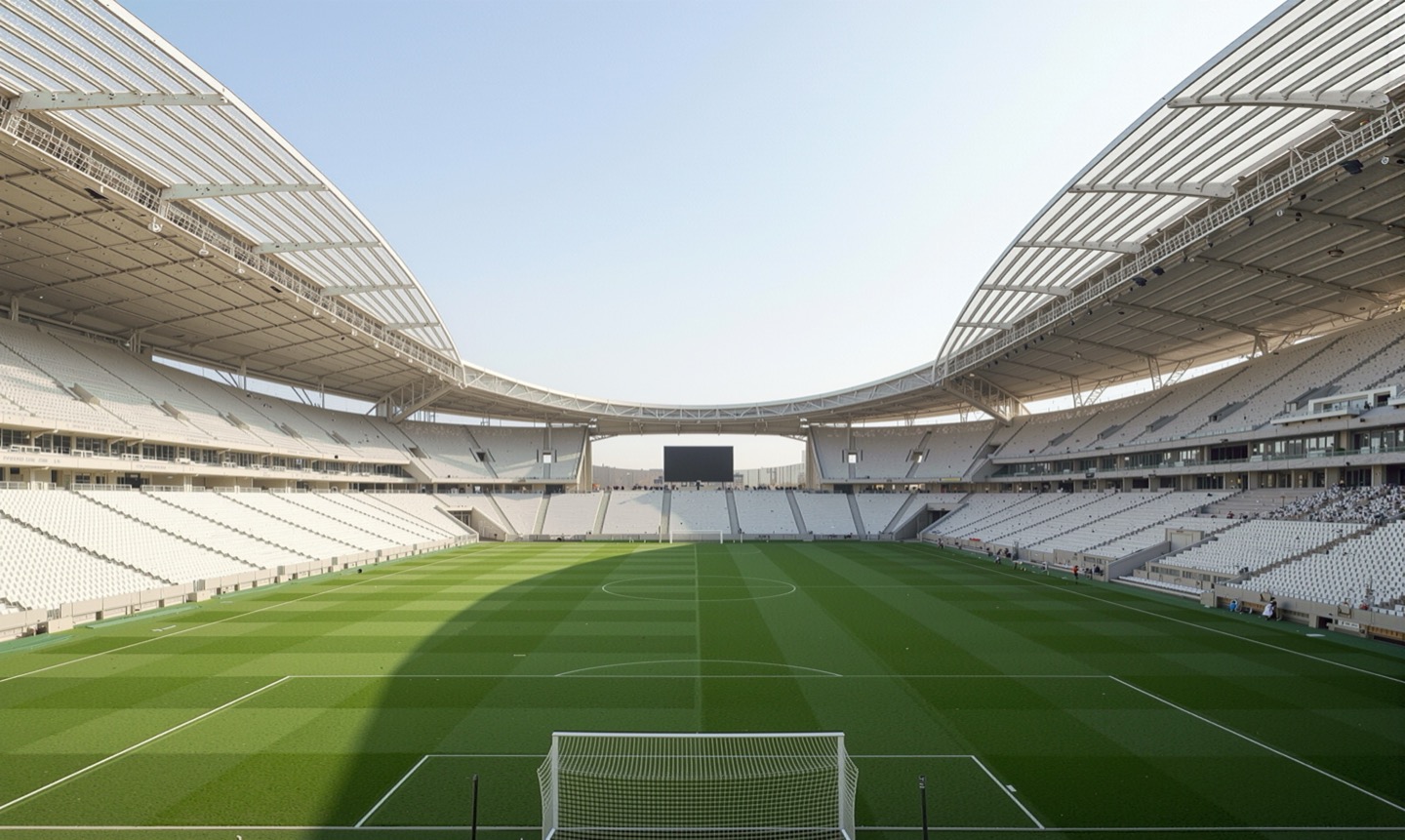 Pitch-level interior view of the arena showing curved seating tiers, flowing roof structure, and a large video display screen