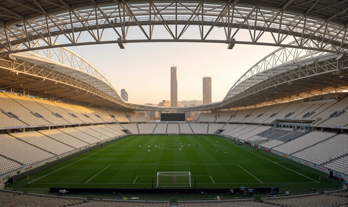 Interior view of the arena bowl at sunset with open-air canopy framing views of the city skyline and distant towers