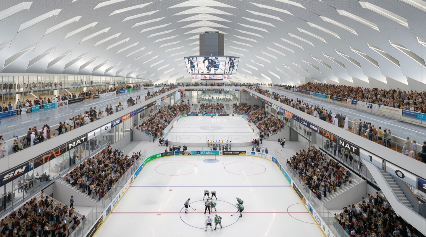 Interior of the main arena configured for ice hockey with packed spectator seating on multiple levels beneath a white vaulted ceiling with rhythmic diamond-shaped openings