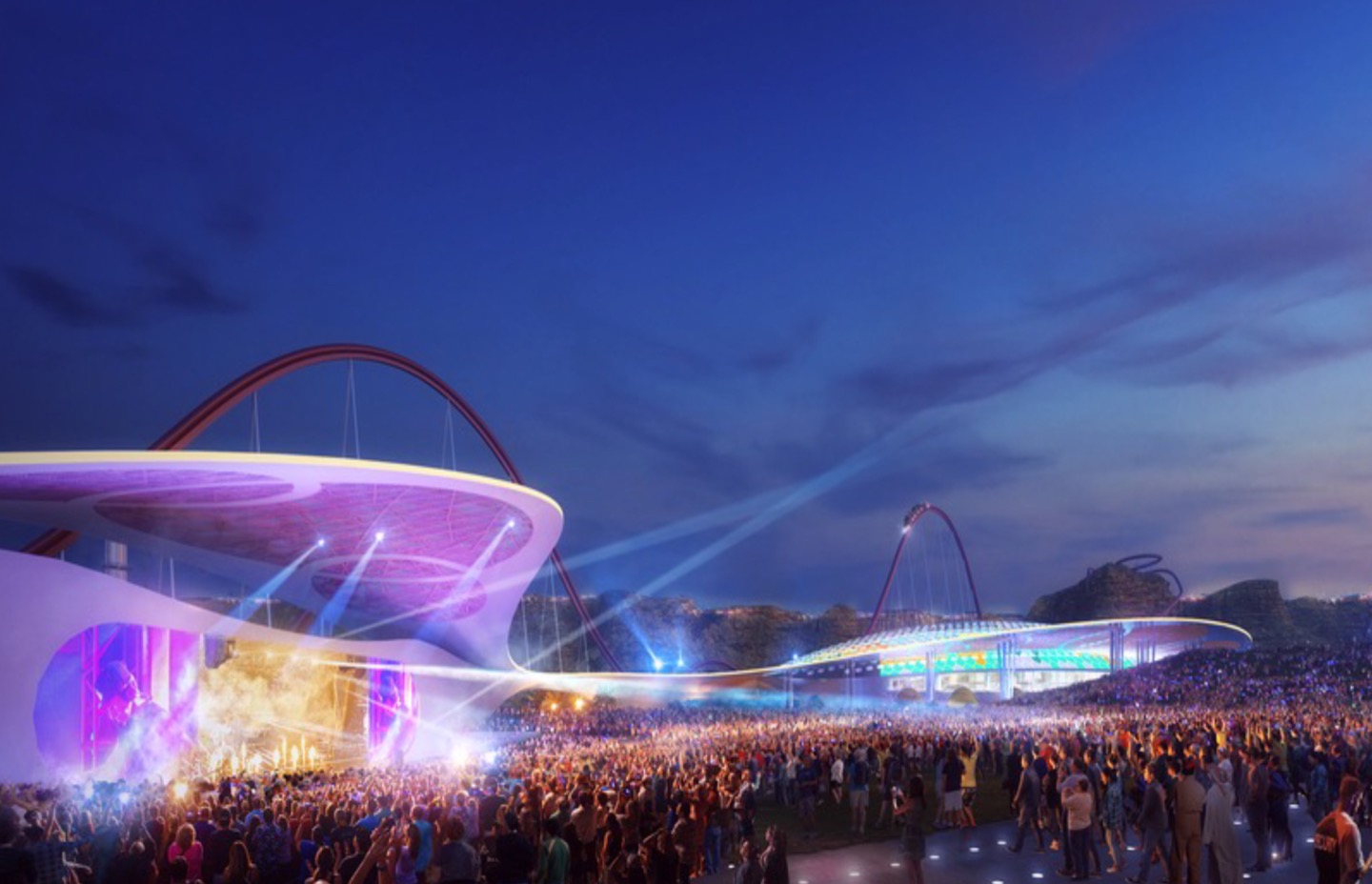 Nighttime rendering of an outdoor concert with thousands of attendees as stage lights illuminate the performance venue with the stadium and a roller coaster silhouetted against the deep blue sky