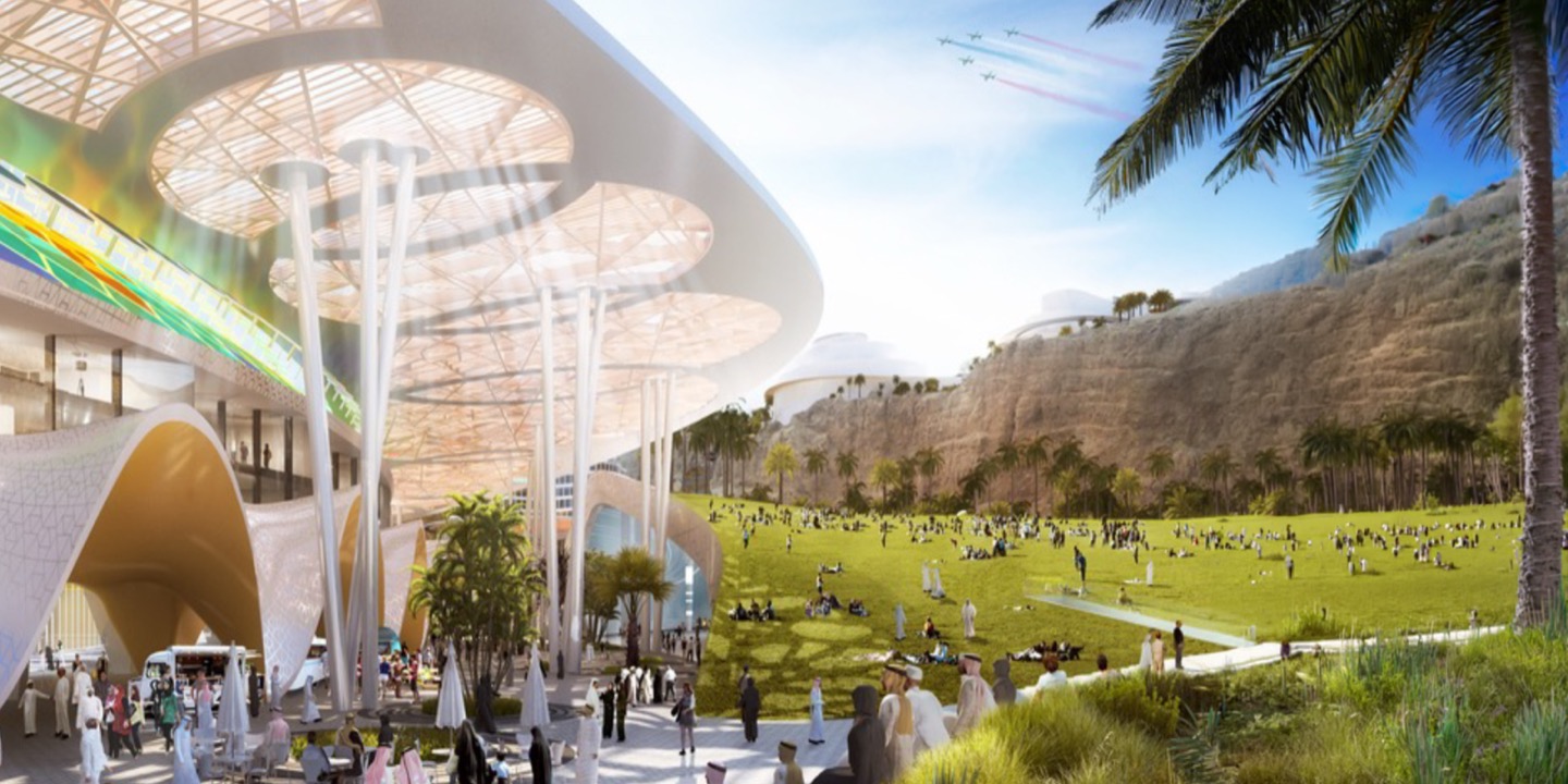 Daytime rendering of the stadium exterior with circular mushroom-shaped canopy pavilions, green lawns, palm trees, and visitors gathering in the foreground with desert mountains beyond