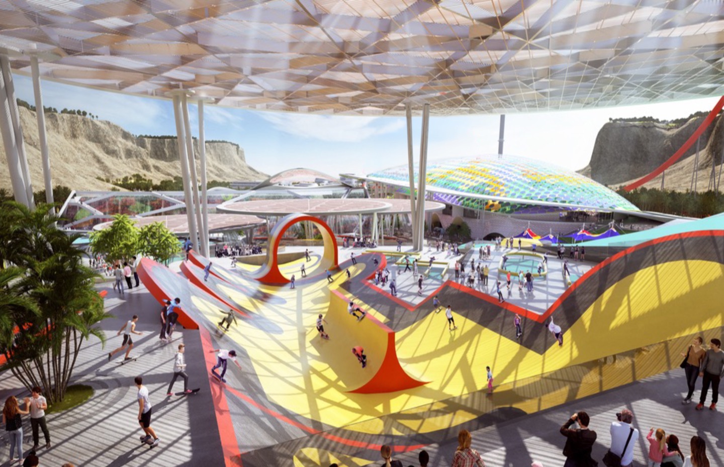 Rendering of the outdoor entertainment plaza with colorful ramps, skateparks, and activity areas beneath a translucent geometric canopy with desert cliffs visible in the background