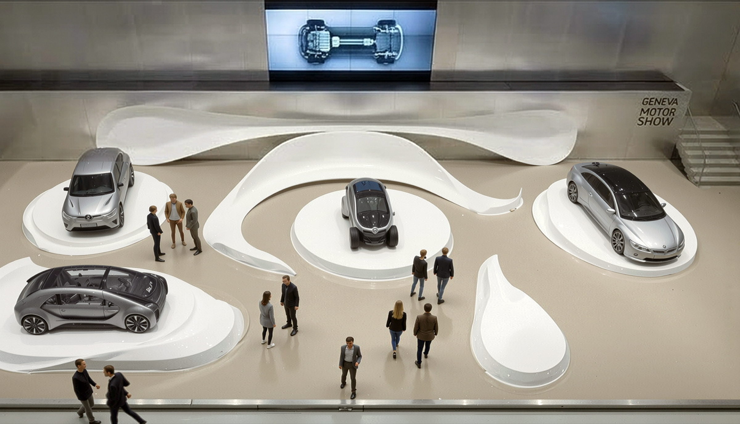 Elevated view of the Renault stand at the Geneva Motor Show — a continuous white sculptural landscape flowing between circular vehicle plinths, with concept cars and electric vehicles displayed across the composition, a large media screen suspended above, and GENEVA MOTOR SHOW signage on the rear wall