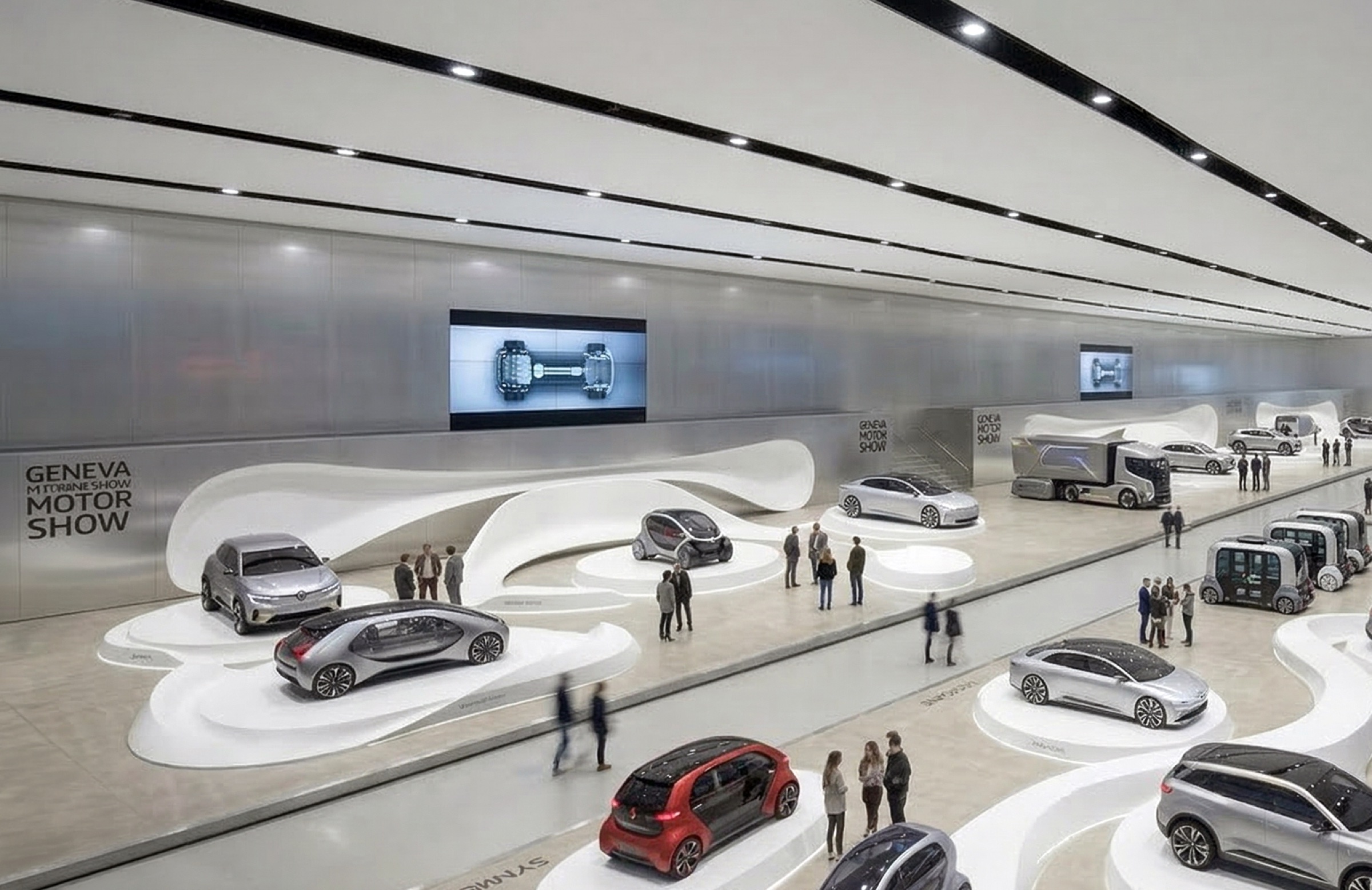 Full panoramic view from an elevated gallery showing the entire Renault stand — the white sinuous landscape with more than a dozen vehicles, from compact city cars to concept sedans, multiple media screens, and visitors flowing through the open-plan composition