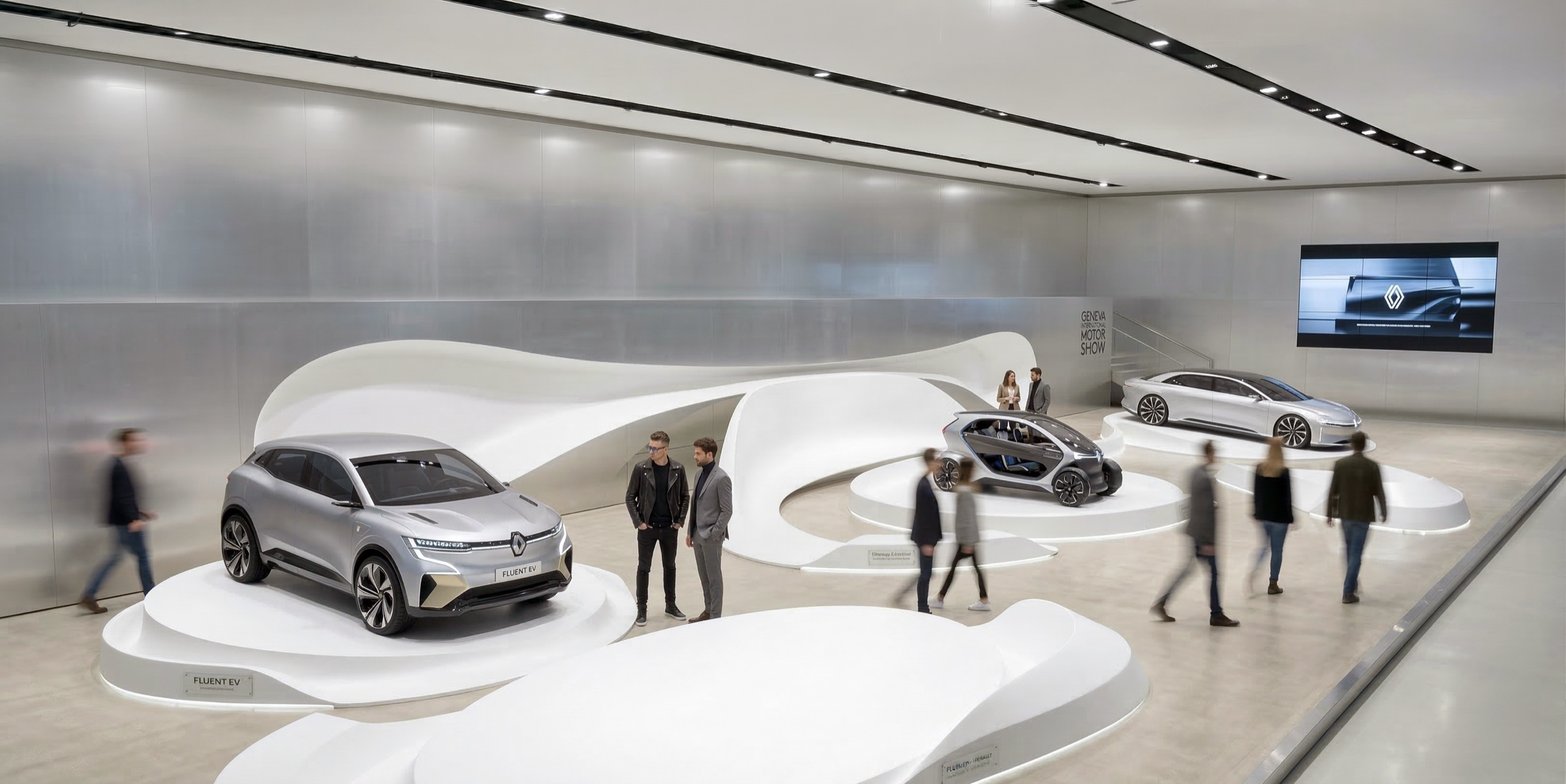 Wide view of the Renault stand showing three concept cars on circular and organic plinths connected by a flowing white surface, visitors circulating between vehicles, and a media screen on the right wall