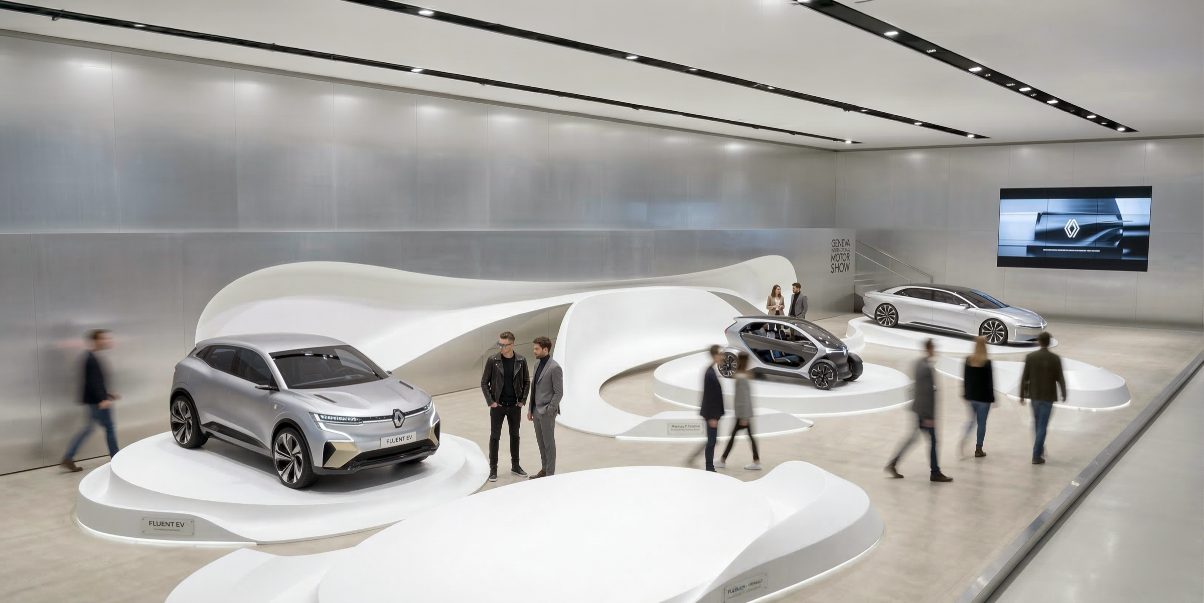 Wide view of the Renault stand showing three concept cars on circular and organic plinths connected by a flowing white surface, visitors circulating between vehicles, and a media screen on the right wall