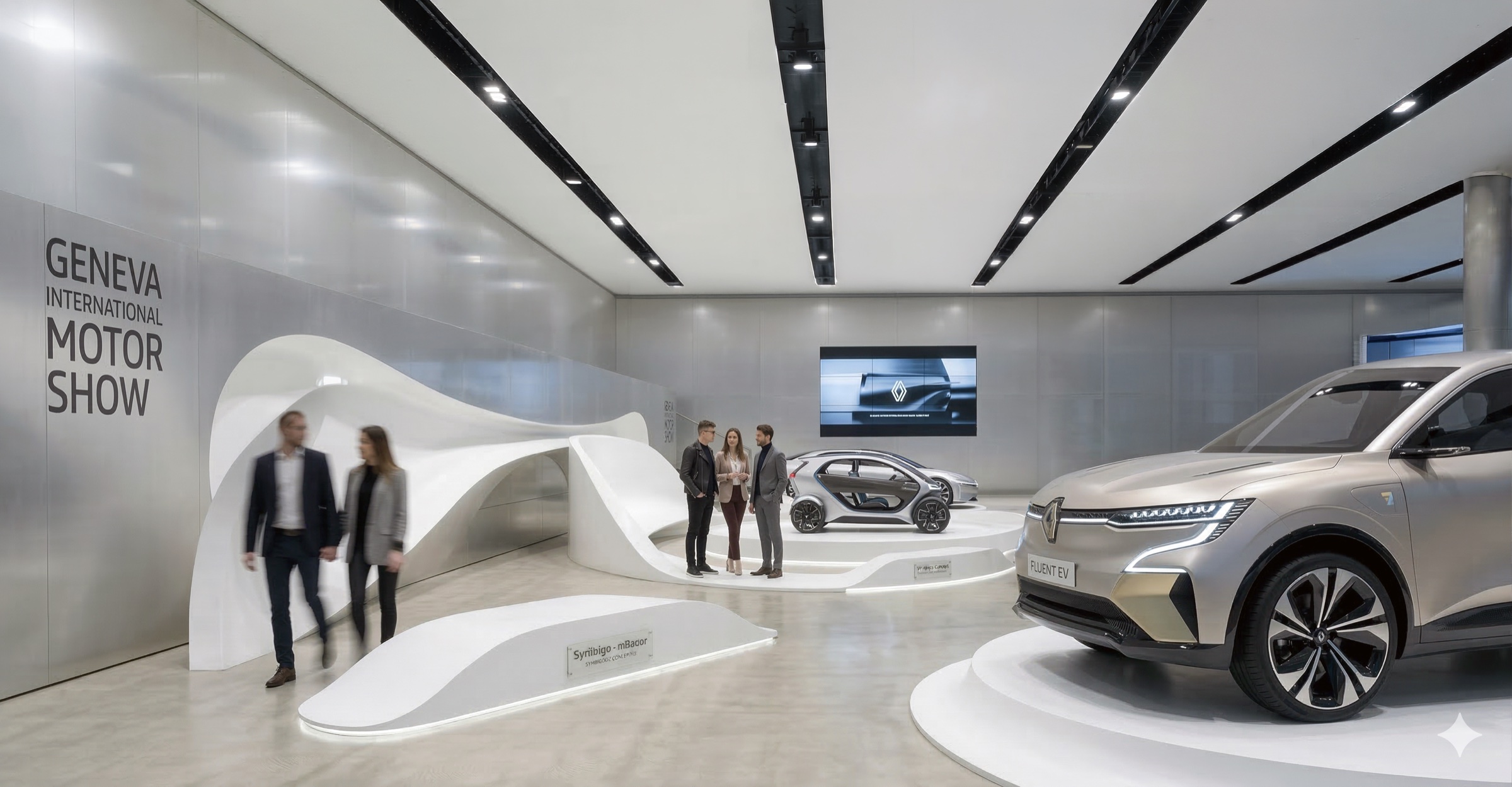 Entry view of the Renault stand with visitors approaching concept vehicles on white plinths connected by a sinuous sculptural surface, a media screen displaying a vehicle render above, GENEVA INTERNATIONAL MOTOR SHOW text on the brushed metal rear wall