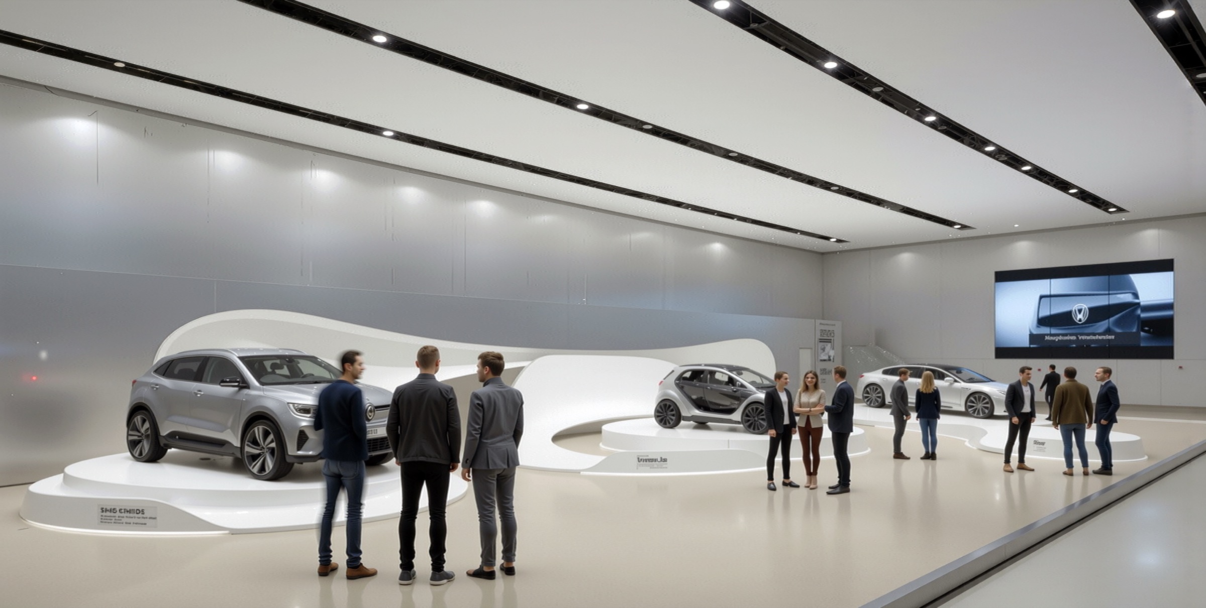 Visitors gathered around concept cars displayed on white plinths connected by a curving sculptural surface, a media screen showing a vehicle detail on the right, even overhead lighting across the stand