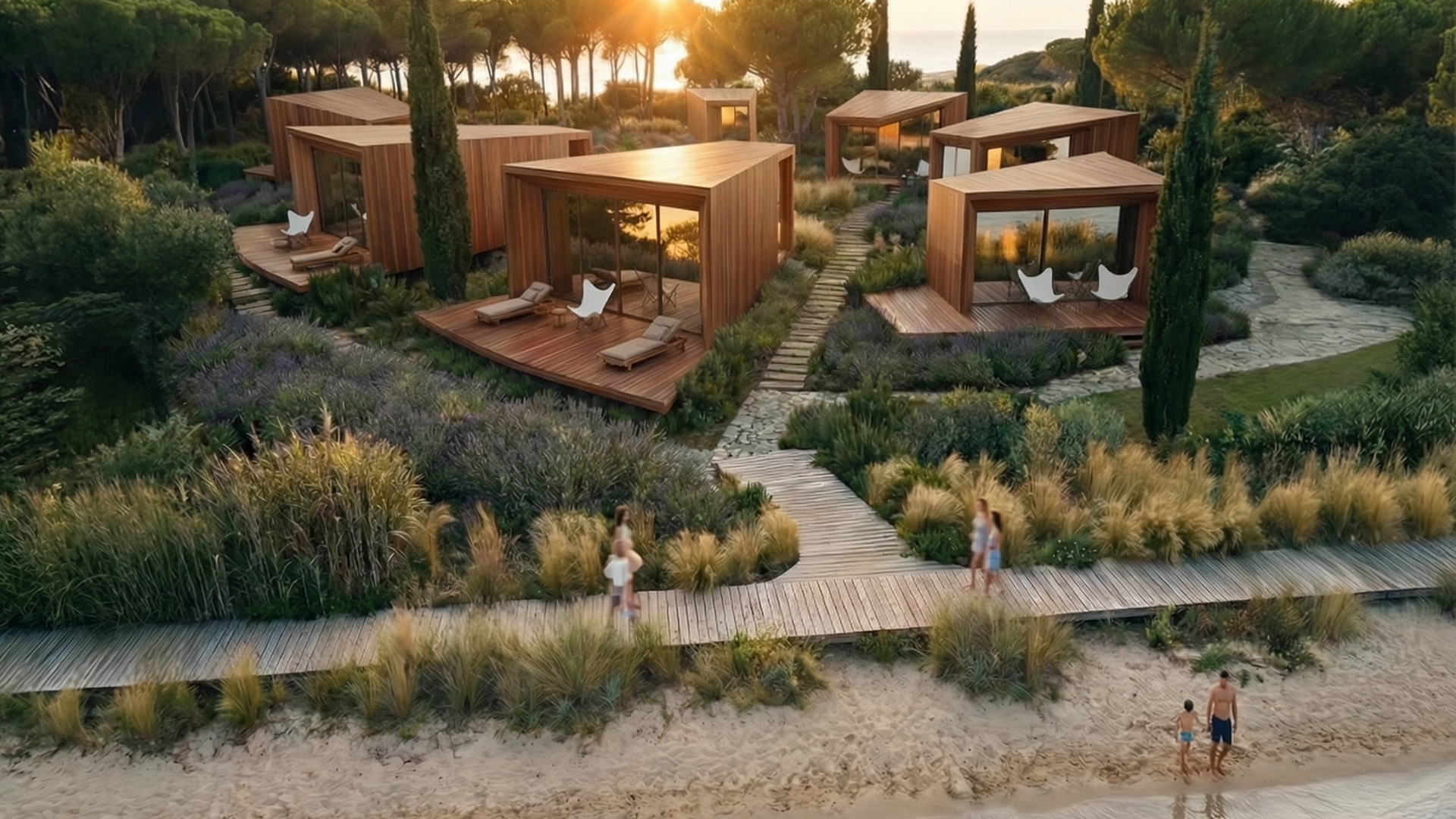 Riva degli Etruschi timber villas nestled within coastal Mediterranean landscape at dusk