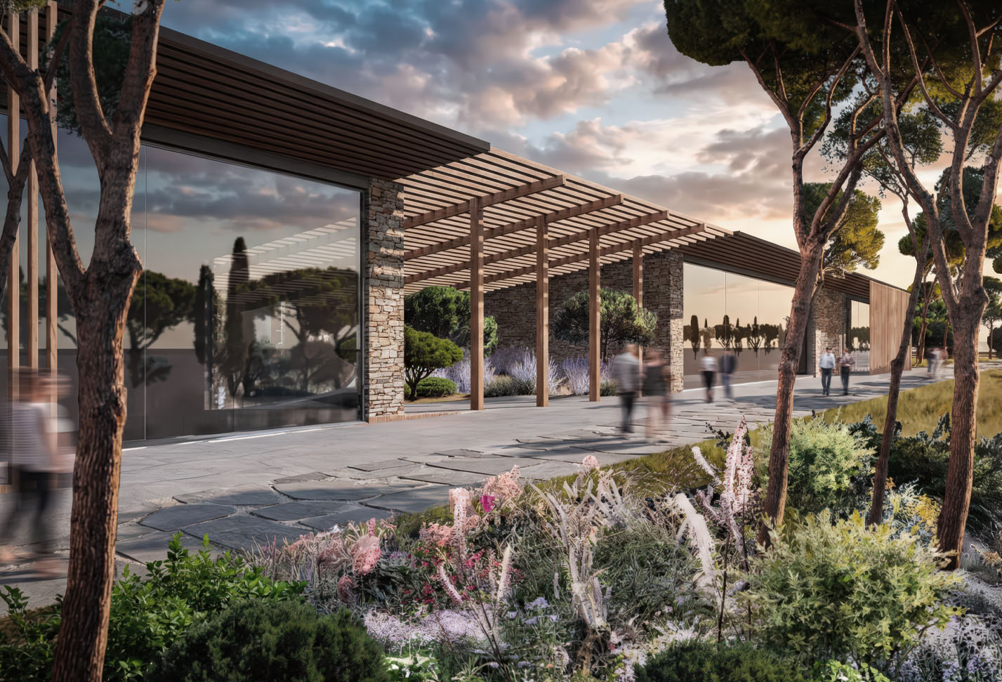 Stone and timber pergola pavilion with Mediterranean garden and pine trees at dusk