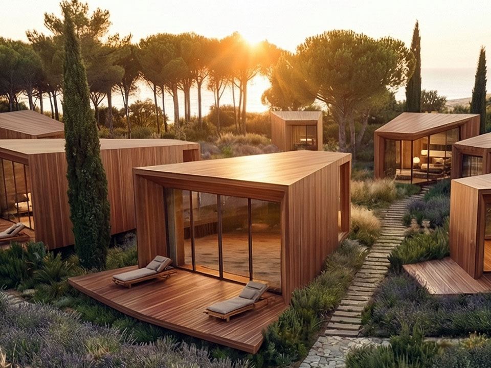 Beachfront eco-resort villas at golden sunset along the Tuscan coastline