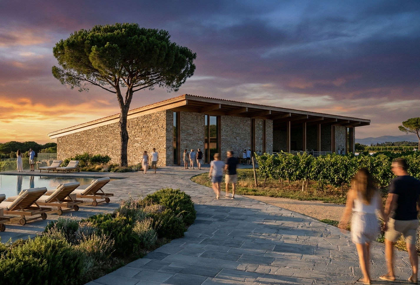 Stone clubhouse with timber canopy roof set among vineyards and umbrella pines at sunset