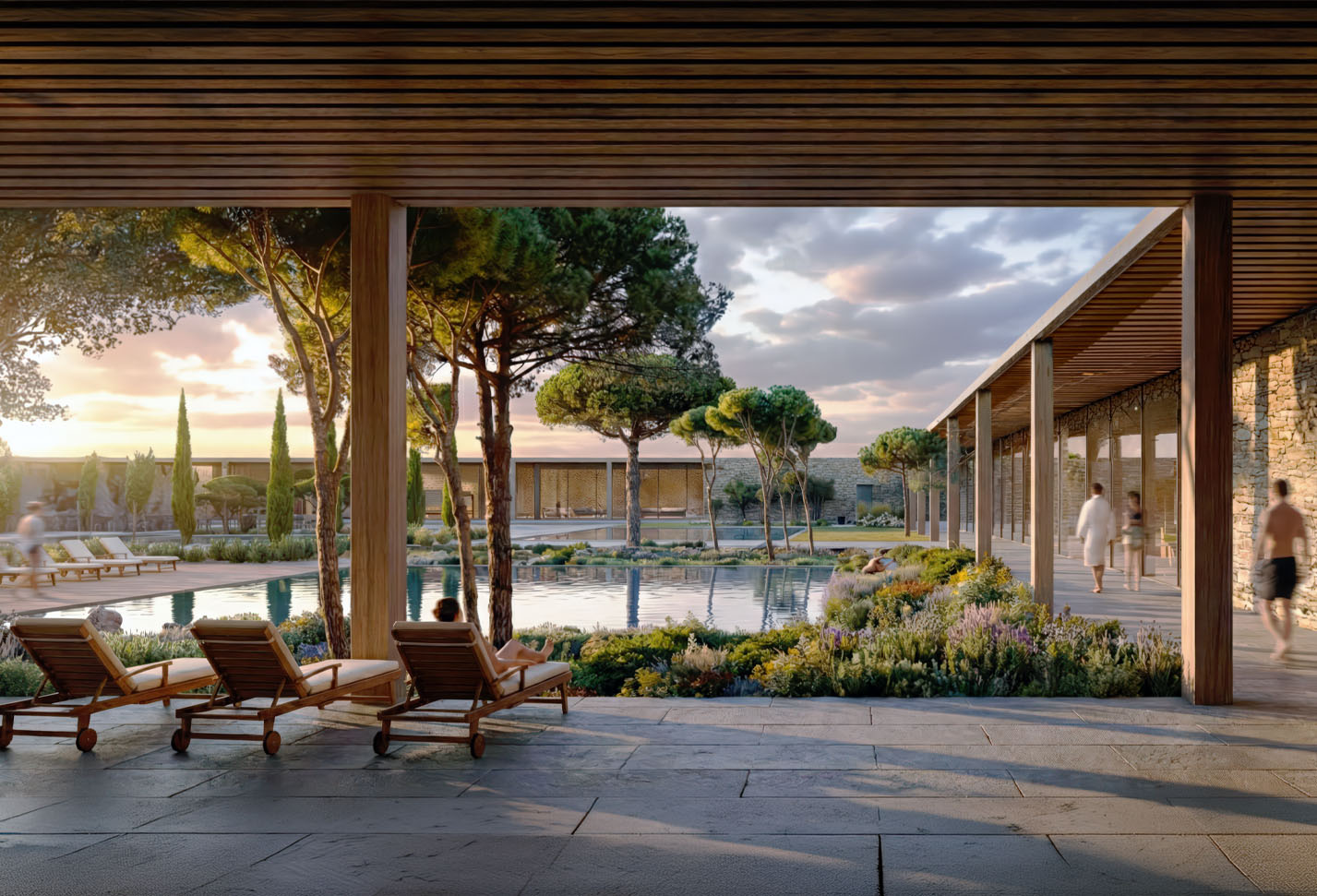 Infinity pool and timber colonnade overlooking Mediterranean pines and coastal gardens
