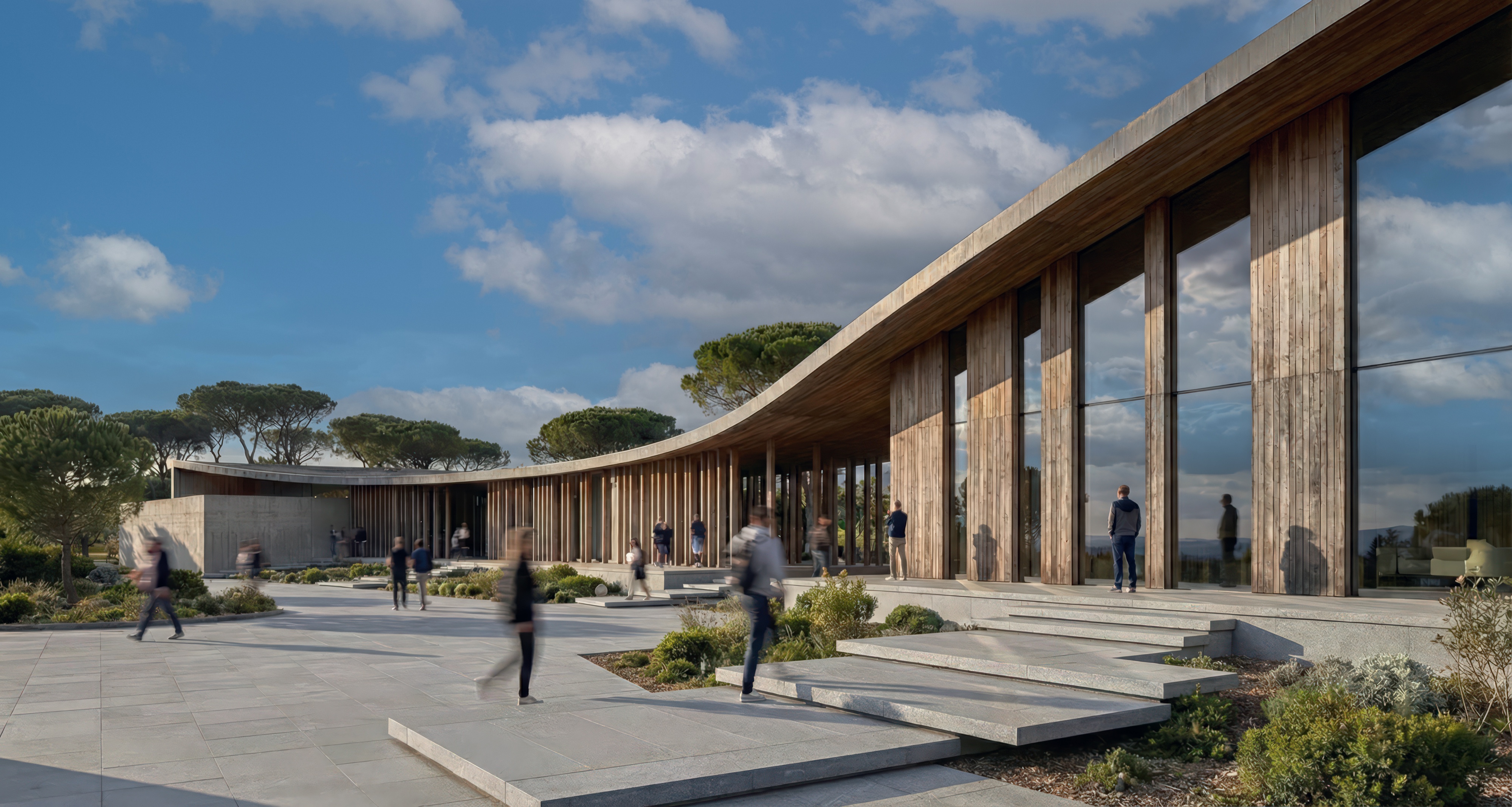 Sweeping curved timber pavilion with colonnade and stone plaza beneath umbrella pines