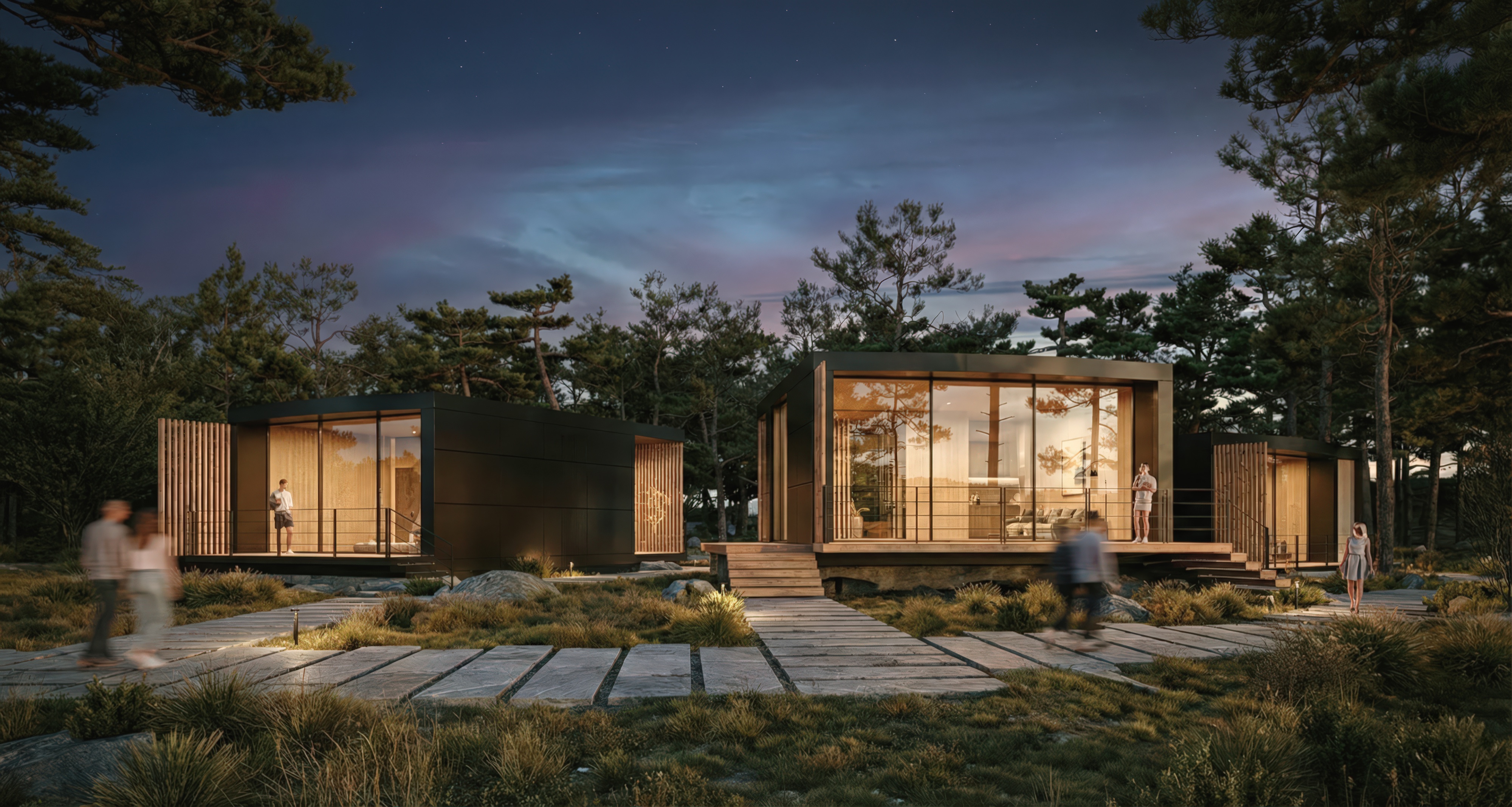 Pair of timber-clad modular villas with slatted screens among pine trees at dusk