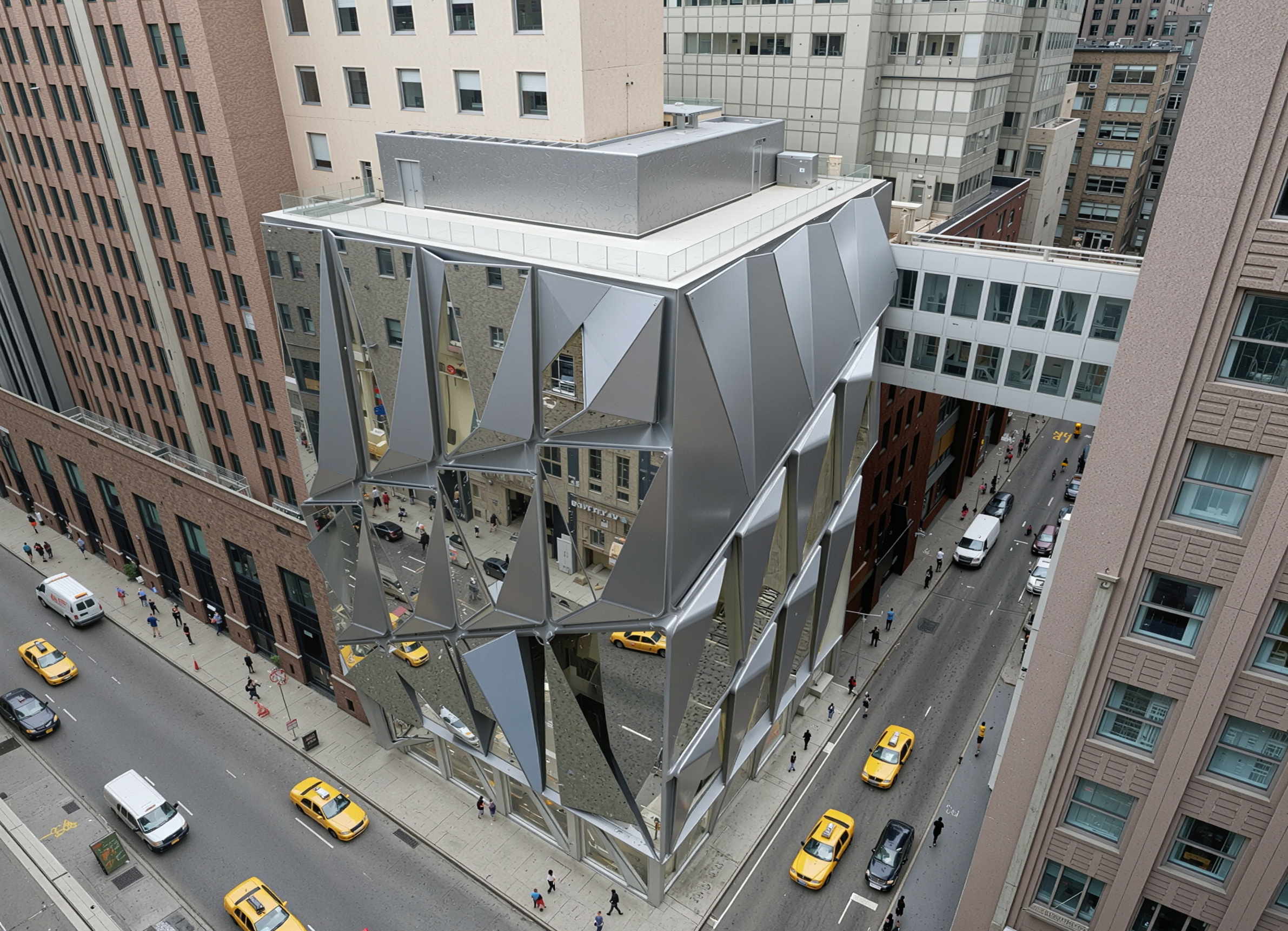 Elevated aerial view of the building showing the full extent of its folded metallic cladding panels against the surrounding urban context