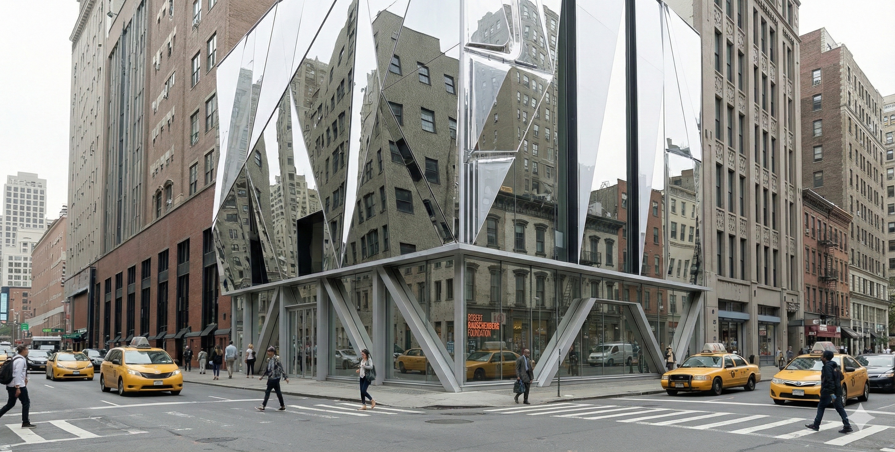 Panoramic street-level view of the Rauschenberg Foundation building with its dramatic angular glass and steel facade at a New York City intersection