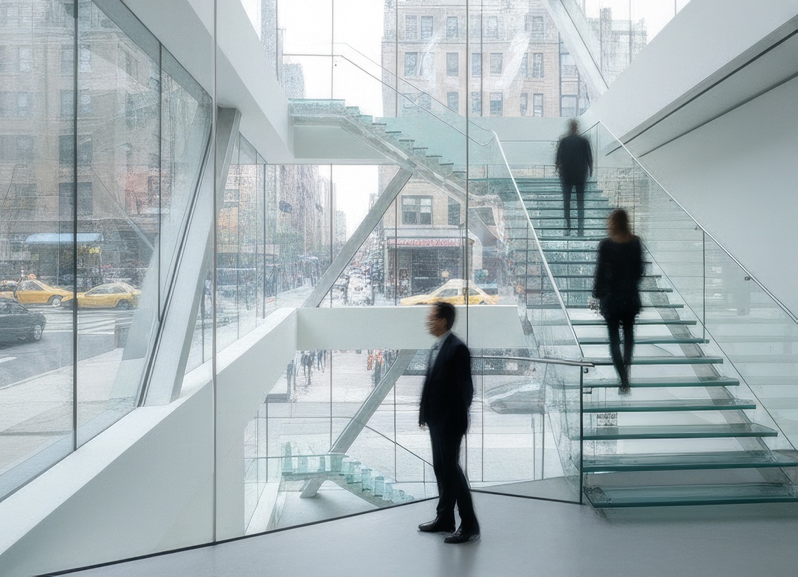 Interior view of the transparent glass staircase within the building's luminous atrium with views out to the city street