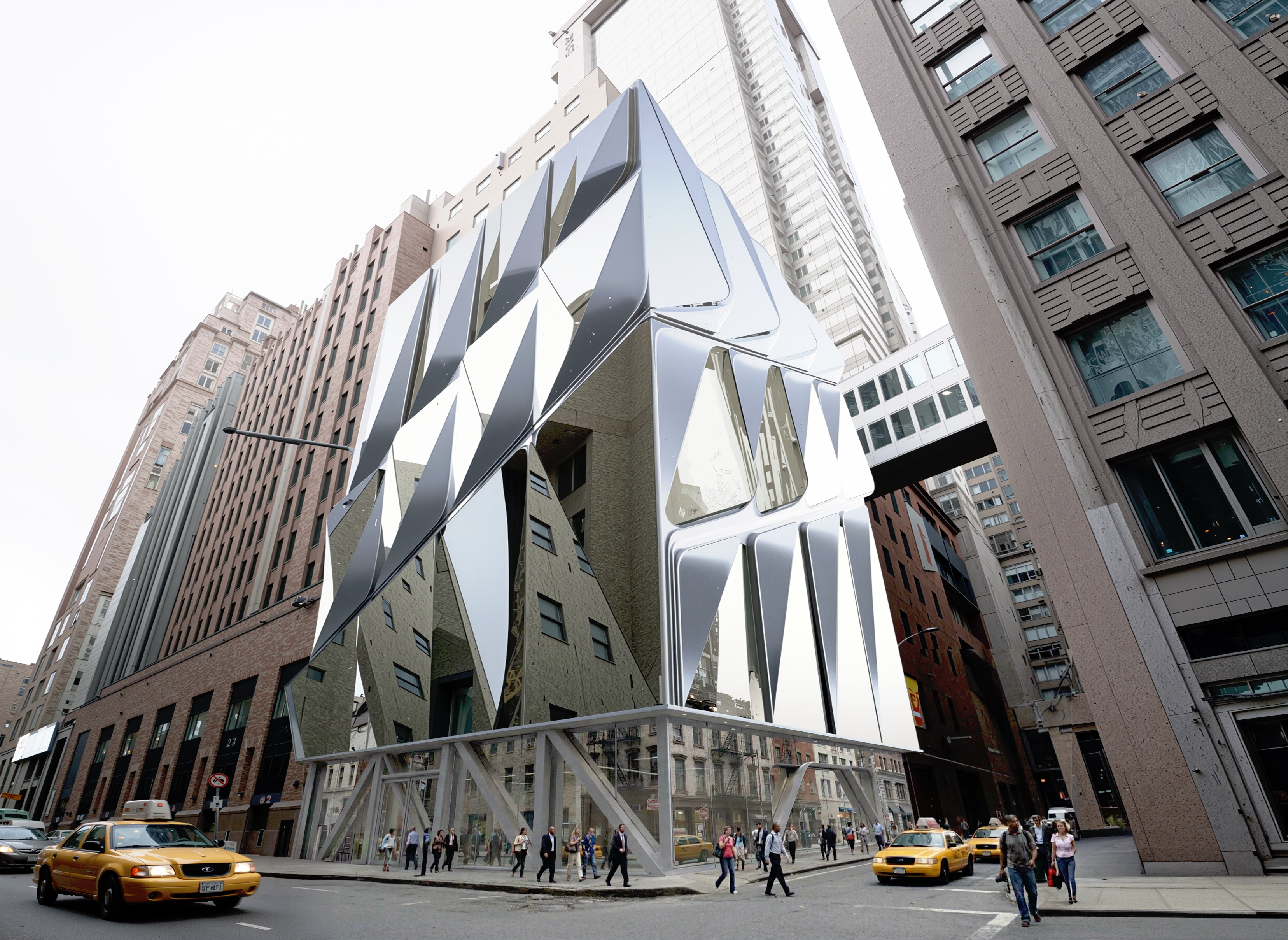 Corner street view of the Robert Rauschenberg Foundation building showing its sculptural faceted metallic facade rising above the New York streetscape