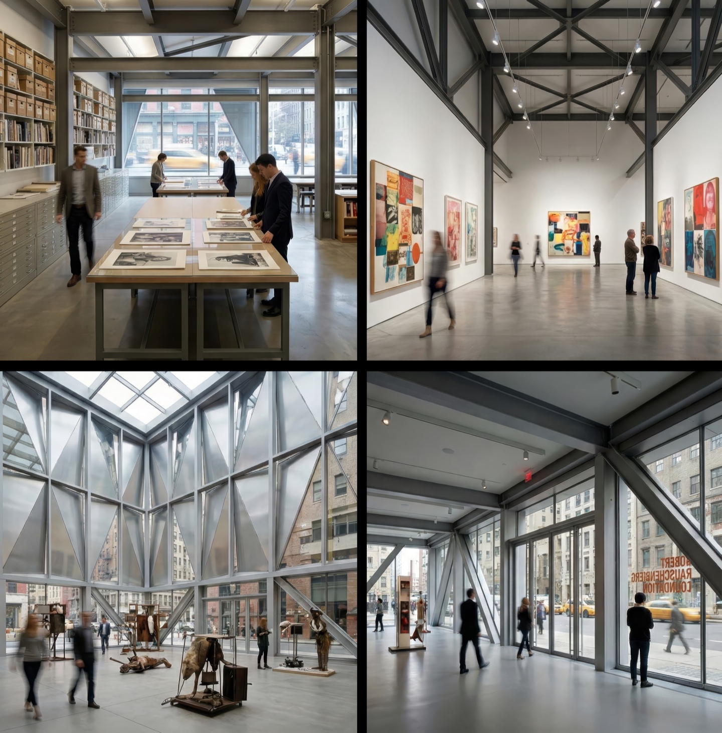 Four interior views showing the archive reading room, art gallery with Rauschenberg works, skylit atrium with sculptures, and street-facing lobby with exposed steel structure