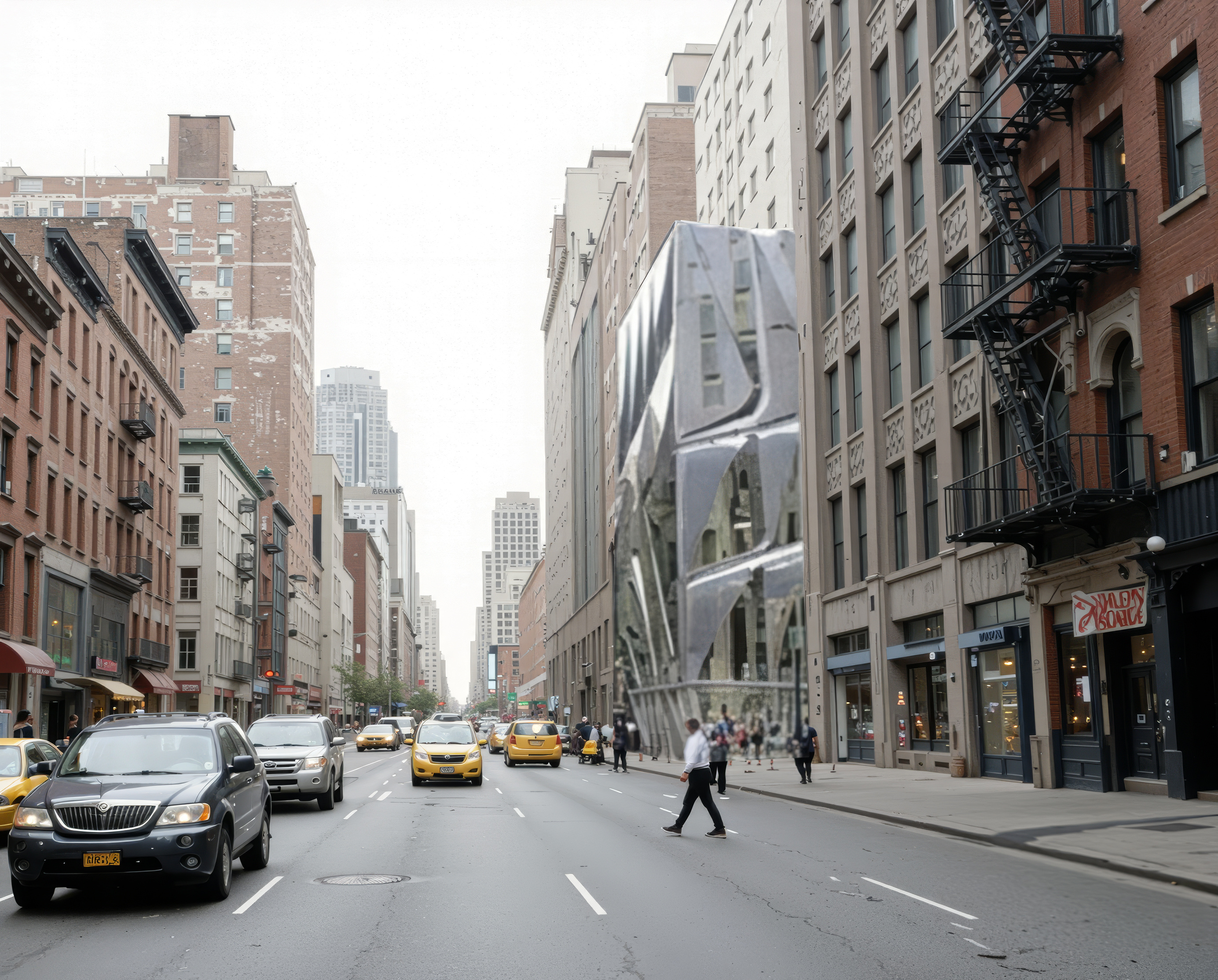 Street-level perspective looking down the avenue with the foundation building's sculptural form visible among neighboring brick and stone buildings