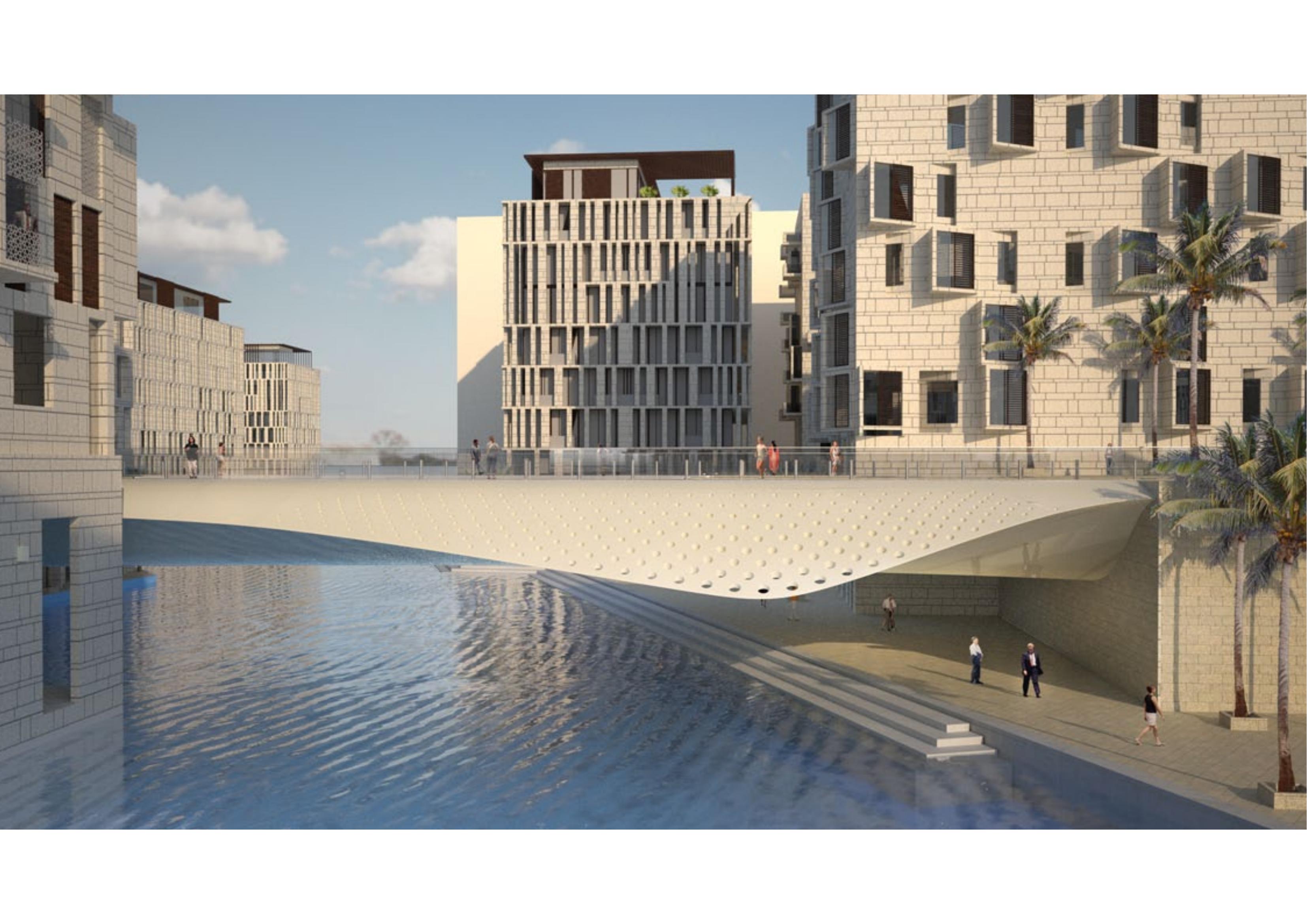 View along a canal with a low-profile bridge spanning the water, organic perforated deck surface, contemporary residential buildings on both sides, and pedestrians at water's edge
