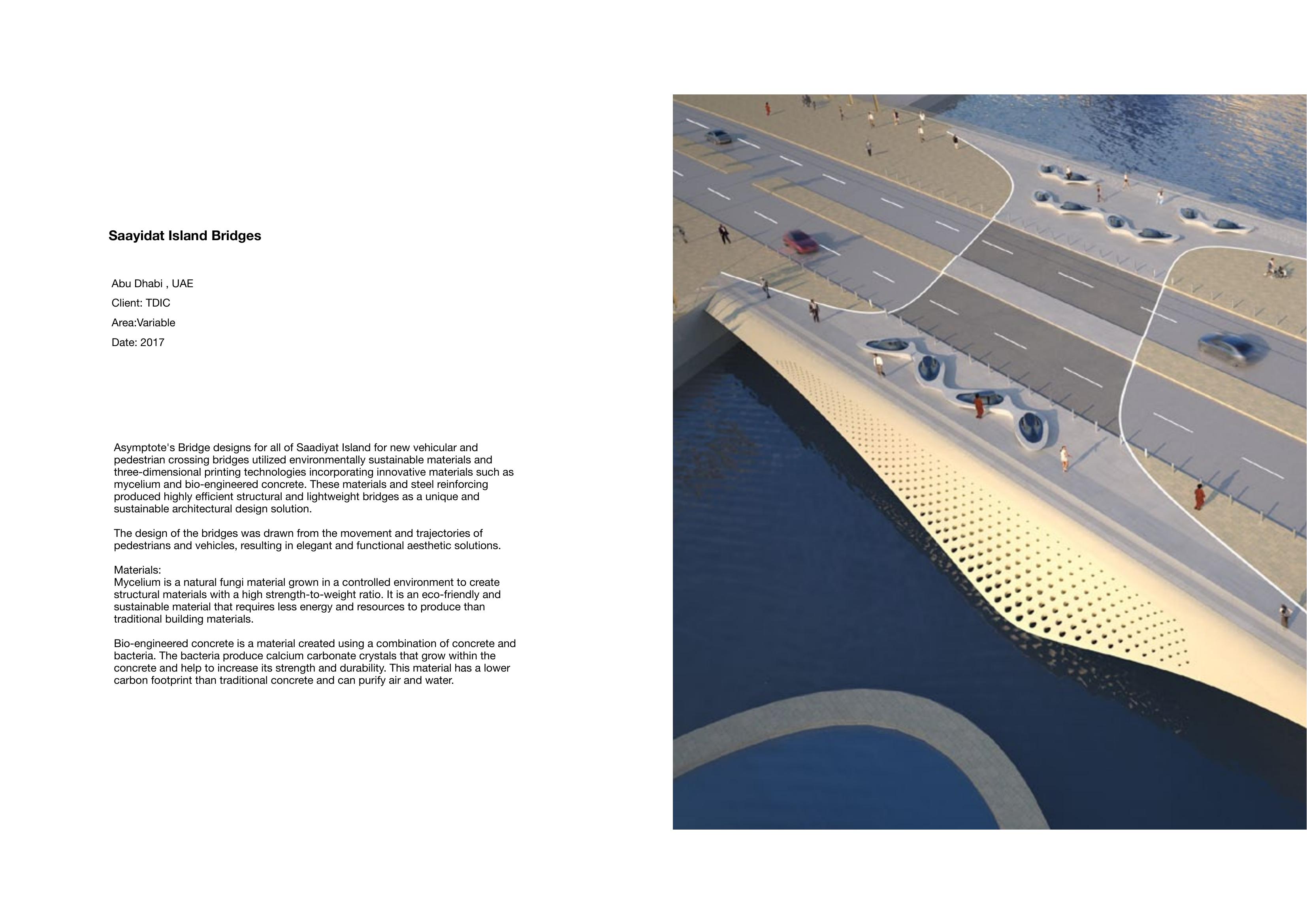 Aerial view of a Saadiyat Island vehicular bridge with perforated deck and organic structural supports spanning a waterway, pedestrians and vehicles visible