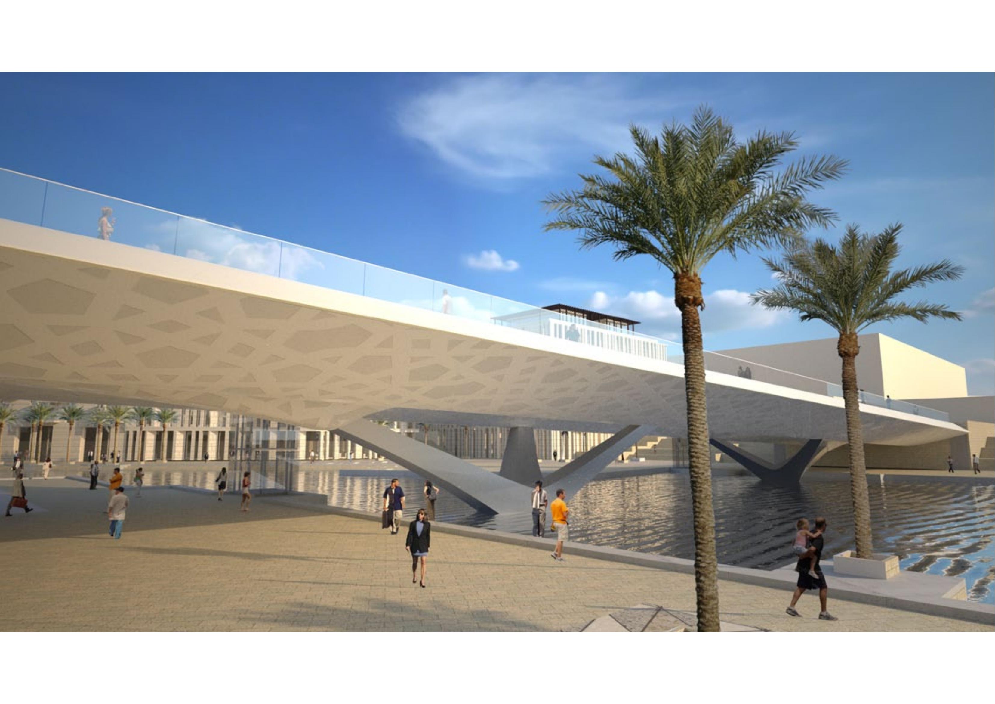 Pedestrian bridge with sculptural branching supports and patterned soffit, waterfront plaza with palm trees