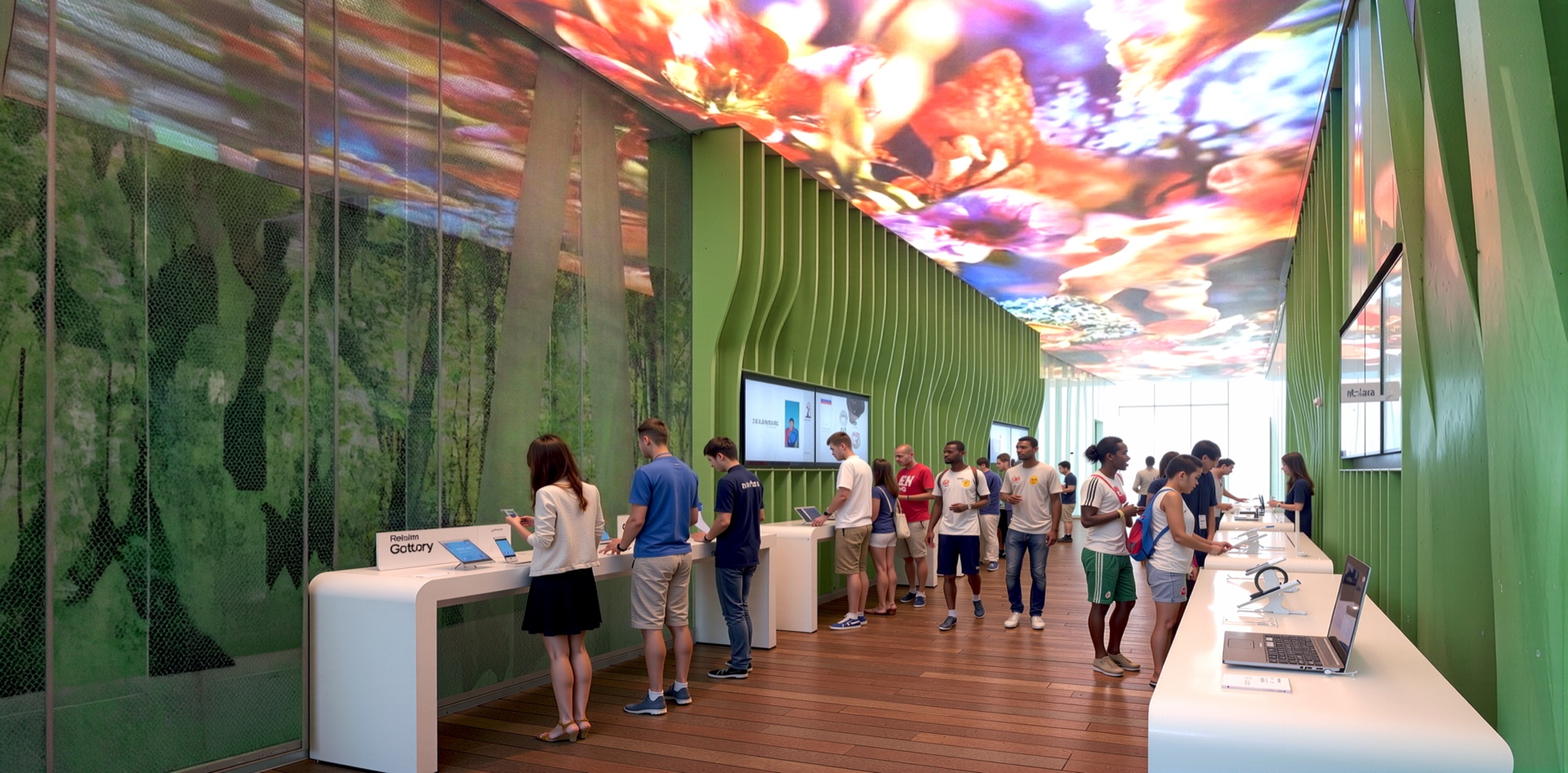 Interior of the Samsung Galaxy pavilion with undulating green walls, a vibrant digital ceiling, and visitors interacting with product displays