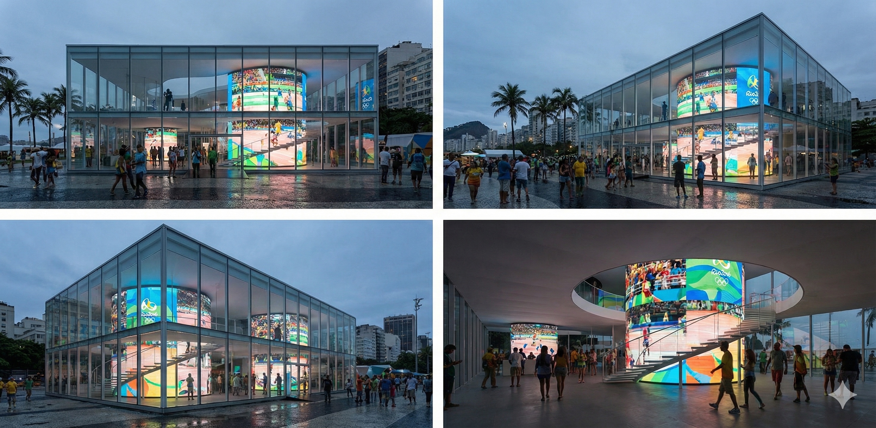 Four twilight views of the glass Samsung pavilion at Copacabana glowing with colorful Olympic media projections
