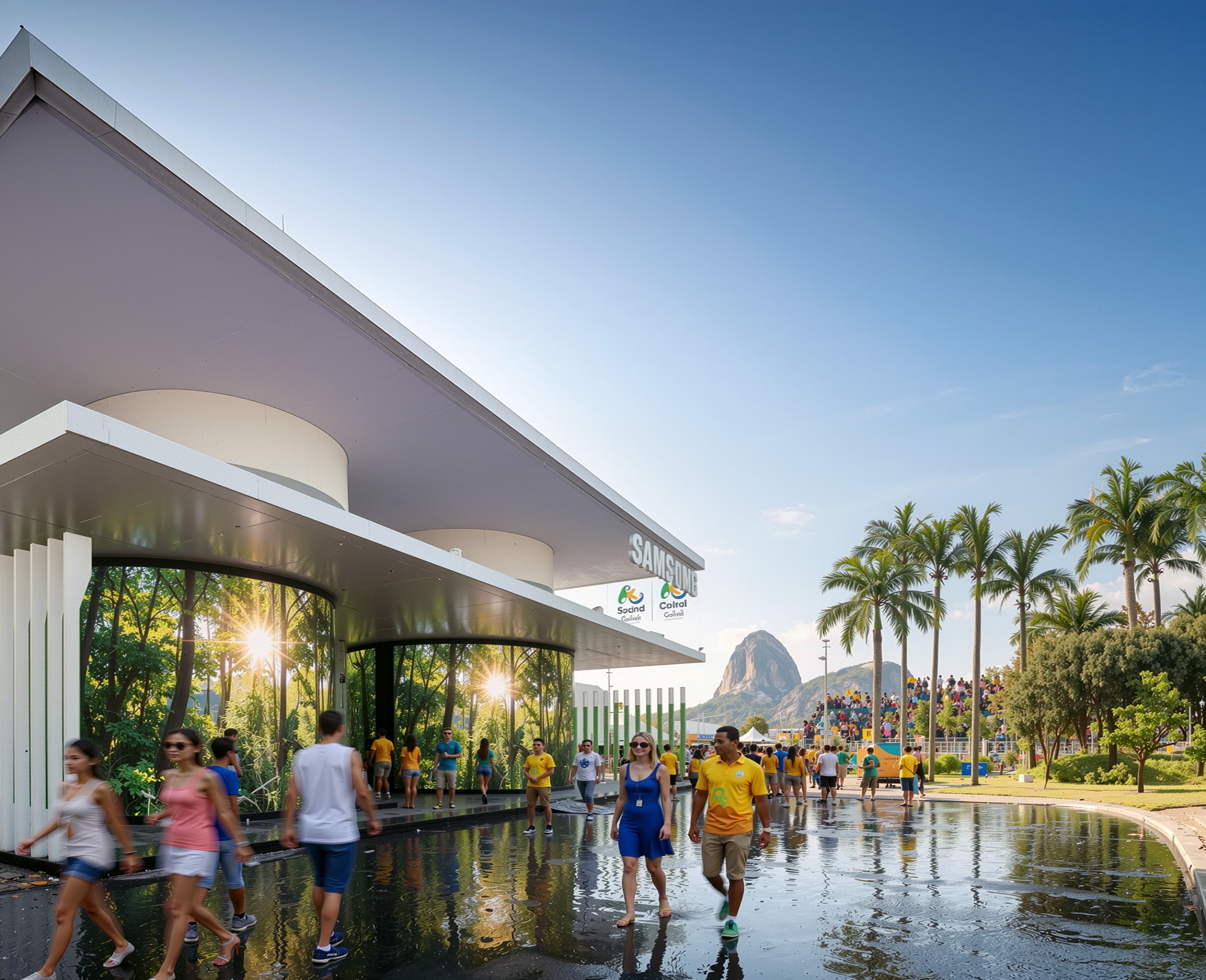 Samsung pavilion exterior at golden hour with visitors, a reflecting pool, and Sugarloaf Mountain rising in the background